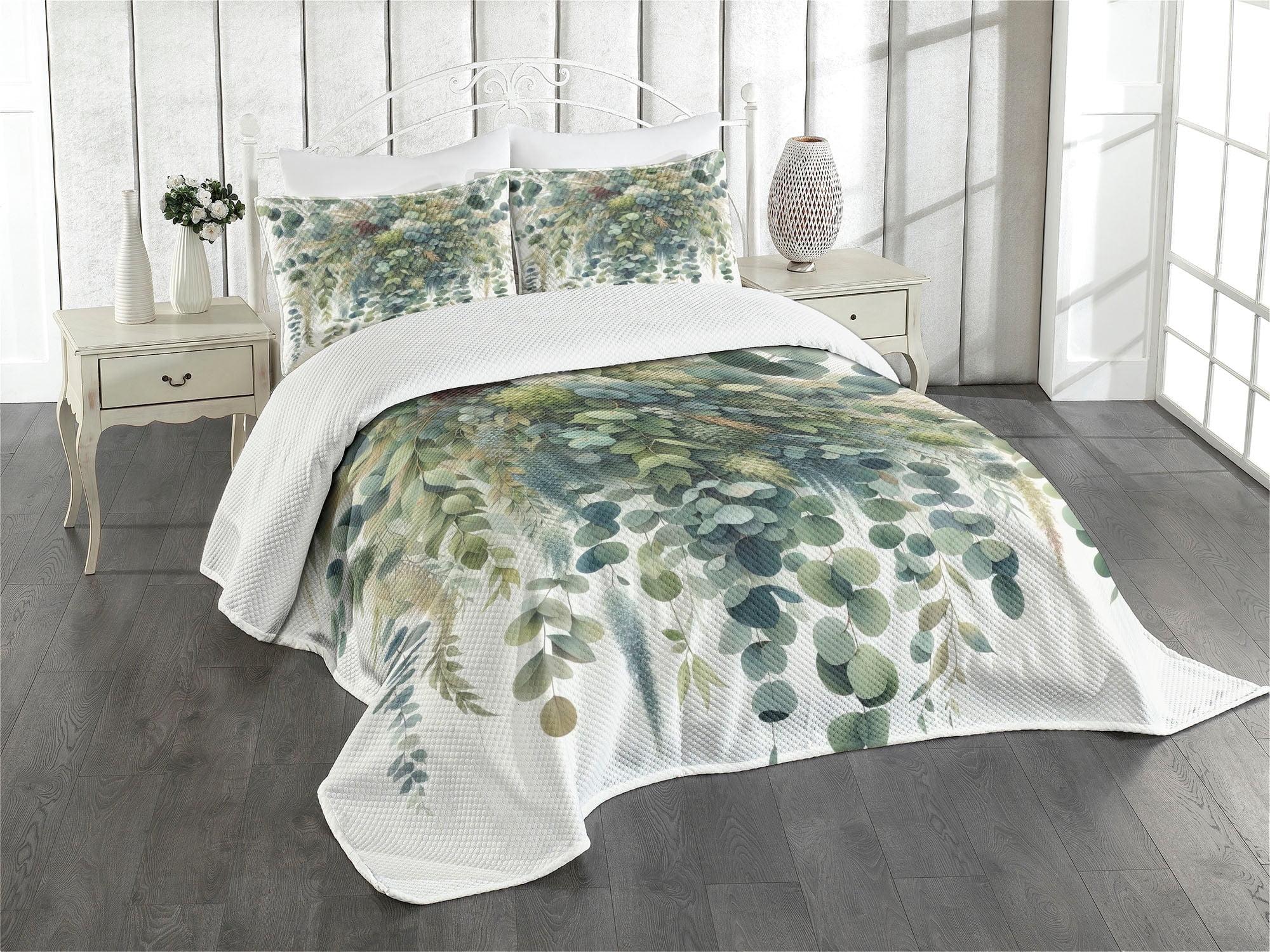 Ambesonne Ambesonne Eucalyptus Bedspread Set Botanical Watercolor Laurel Green Slate Blue