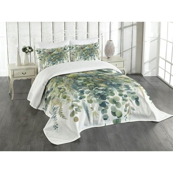 Ambesonne Ambesonne Eucalyptus Bedspread Set Botanical Watercolor Laurel Green Slate Blue