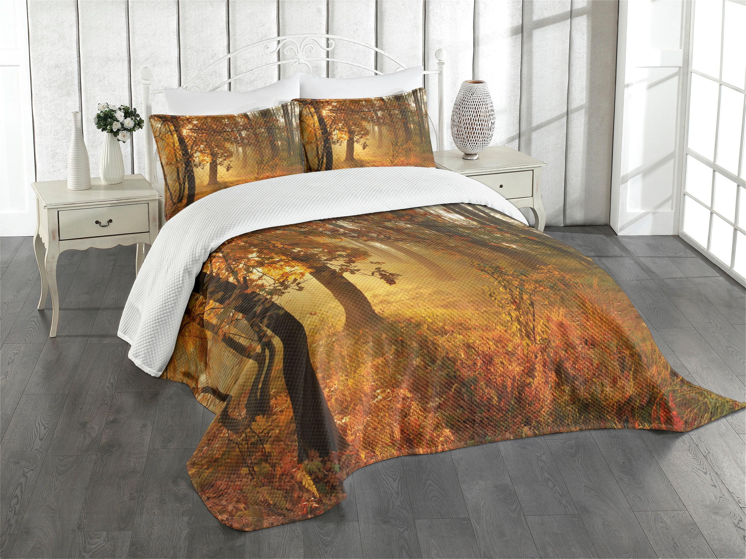 Ambesonne Ambesonne Fall Bedspread Set Misty Autumnal Forest Orange Brown Green