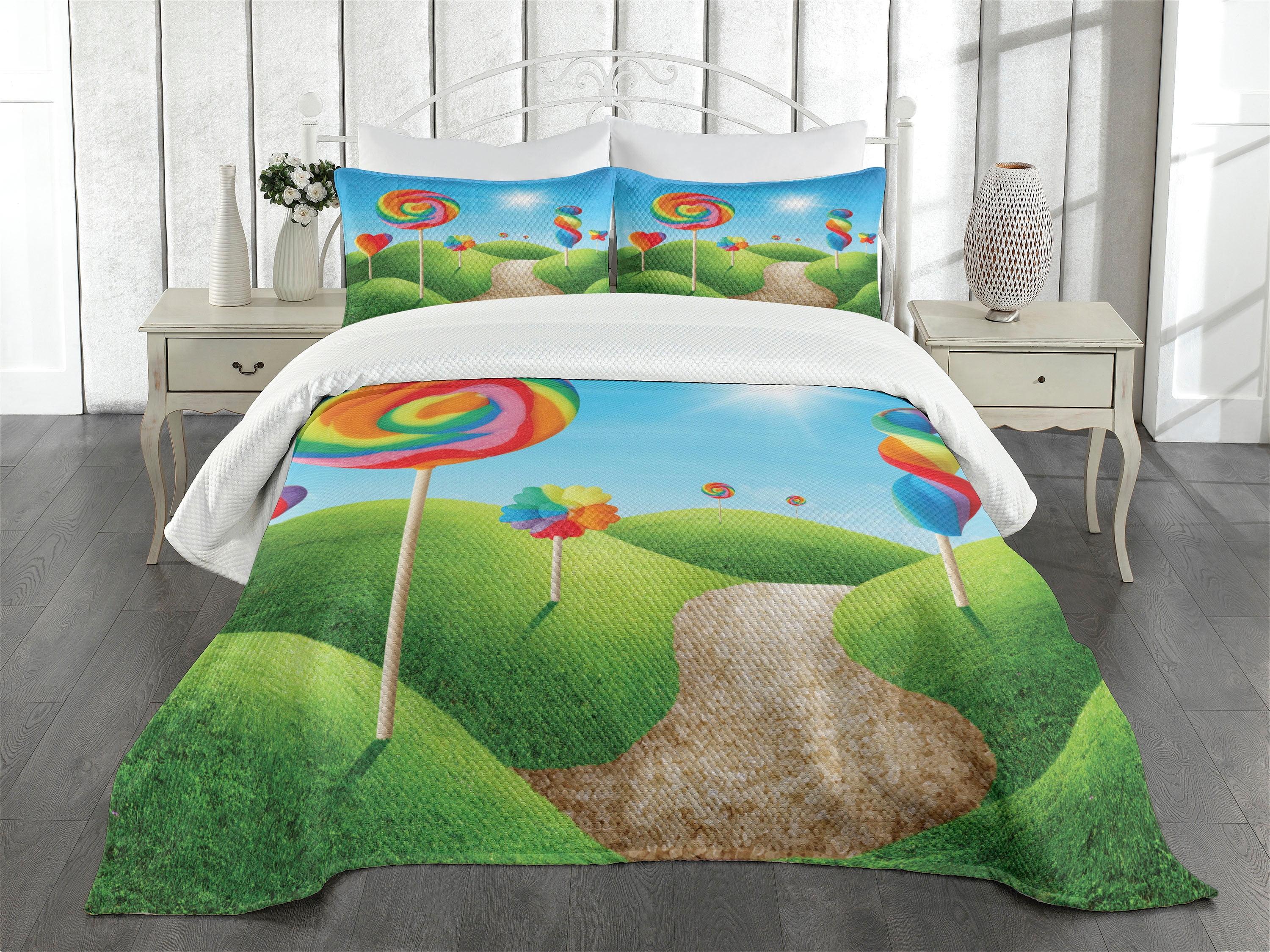 Ambesonne Fantasy Bedspread Set Candy Land Lollipops Green Blue Red