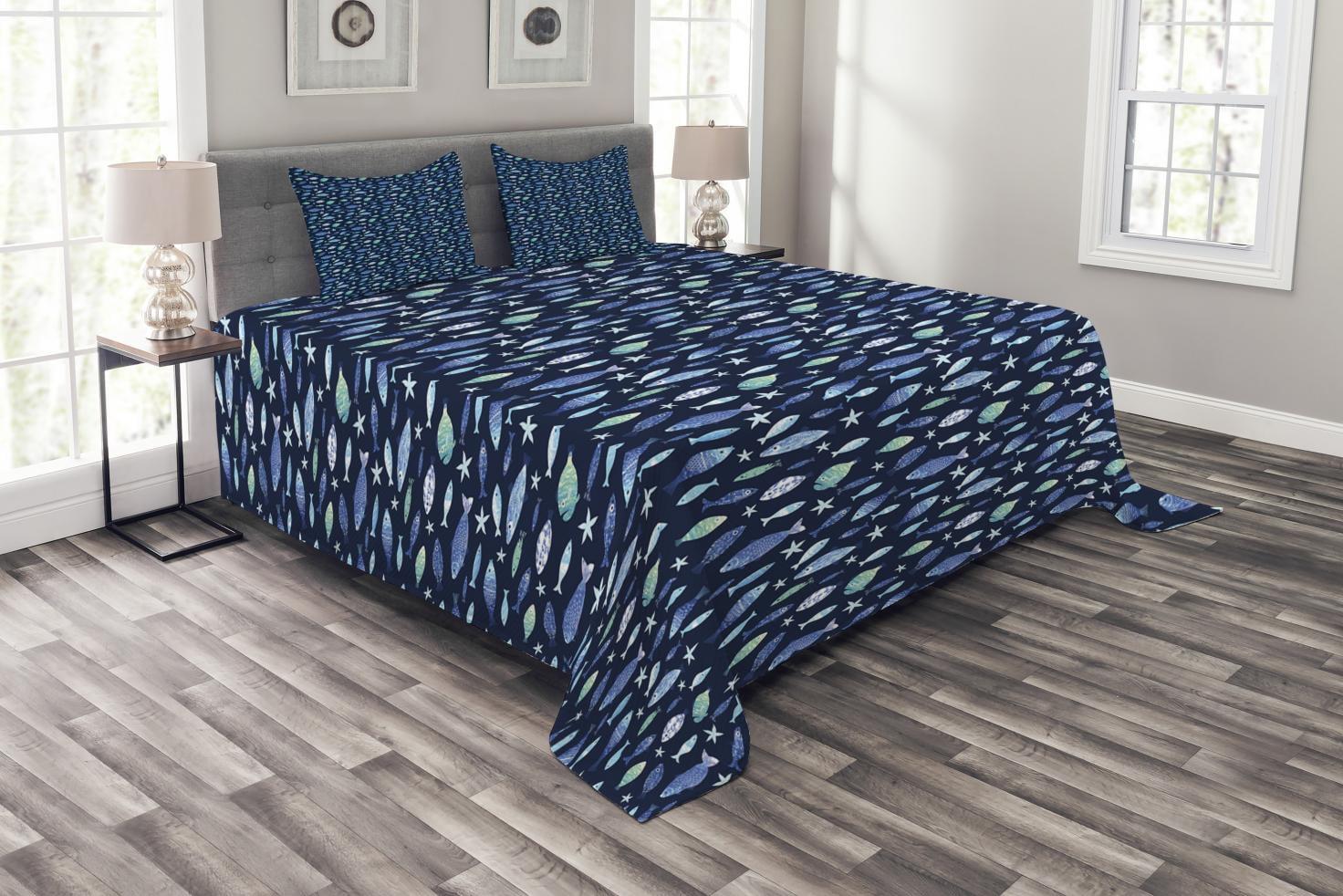 Ambensonne Fishes Bedspread Aquarium Silhouettes Blue Seafoam