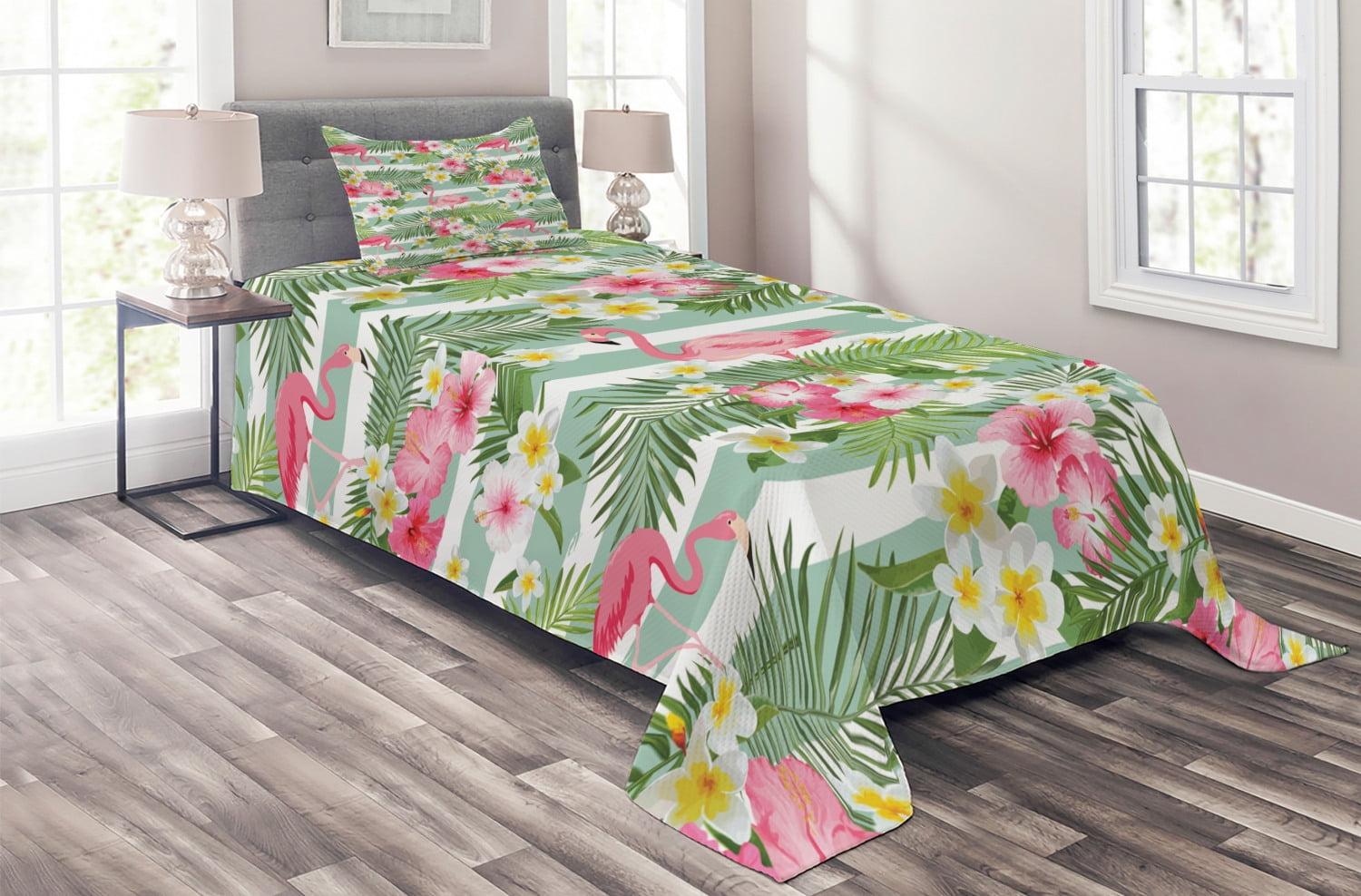 Tropical Flamingo and Floral Twin Bedspread Set in White and Green