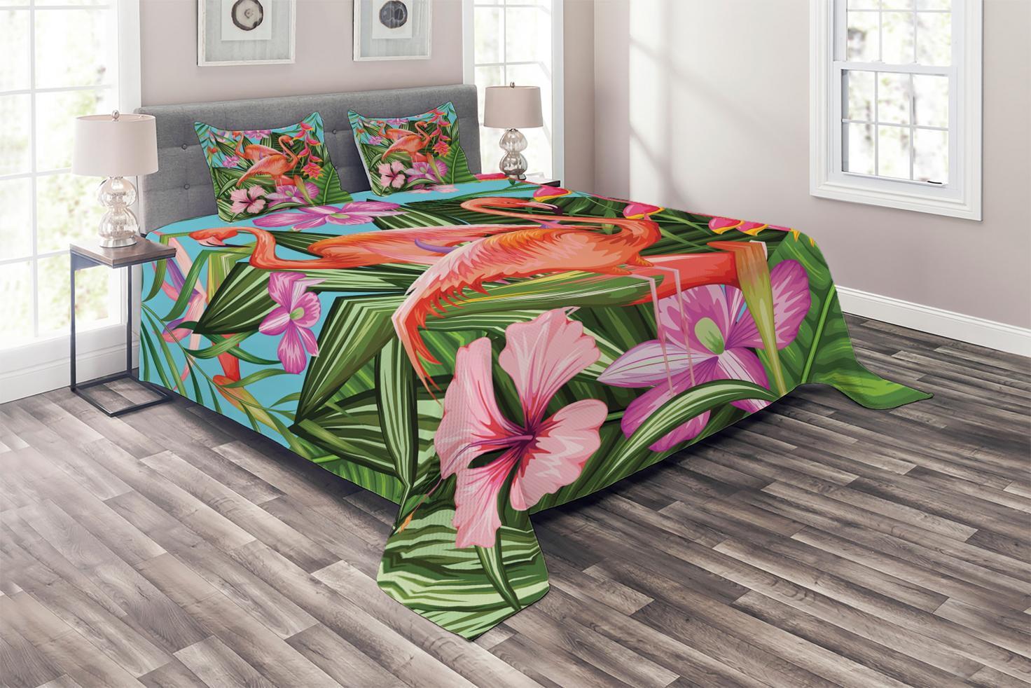 King Multicolor Flamingo Microfiber Quilted Bedspread Set