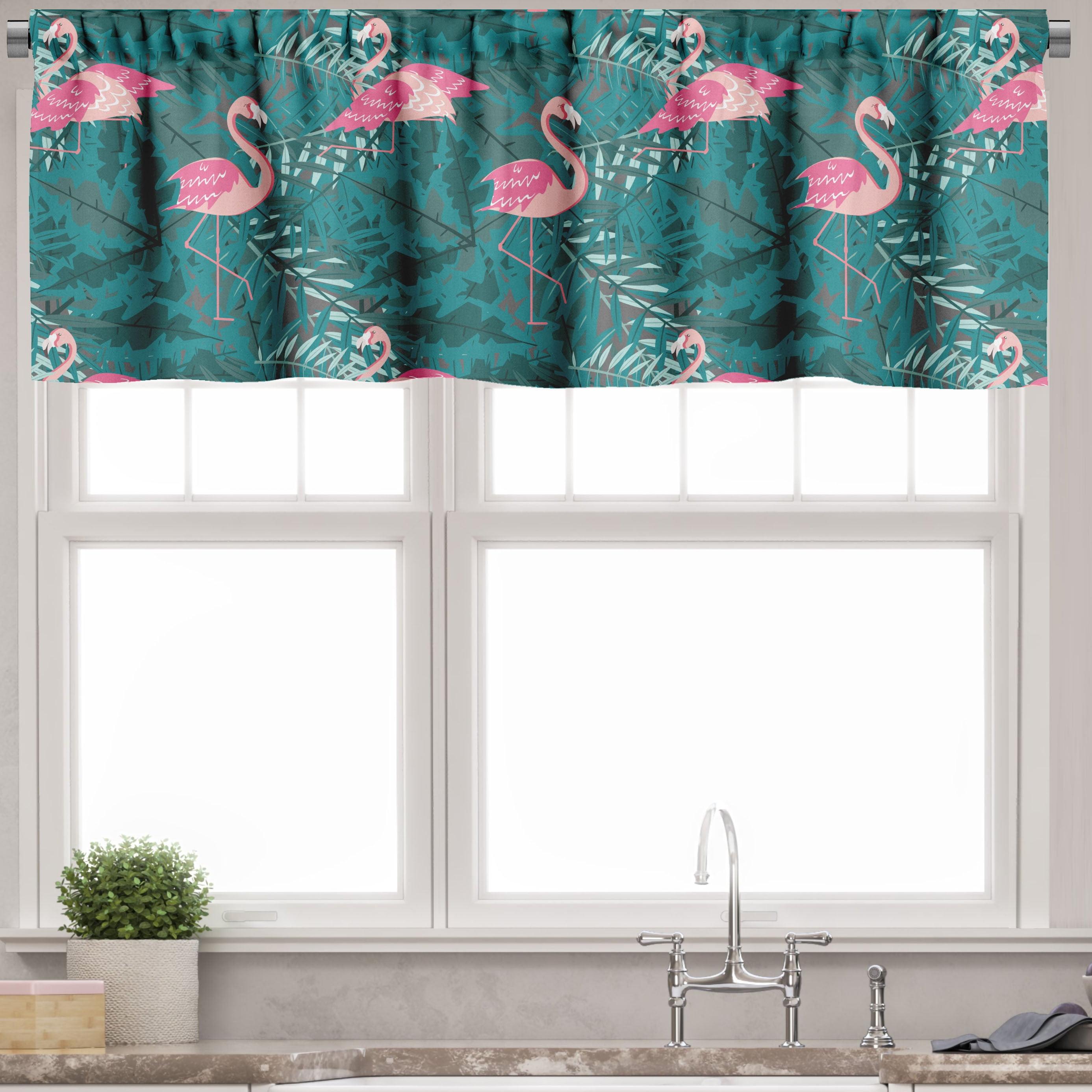 Teal and Pink Flamingo Satin Polyester Rod Pocket Valance