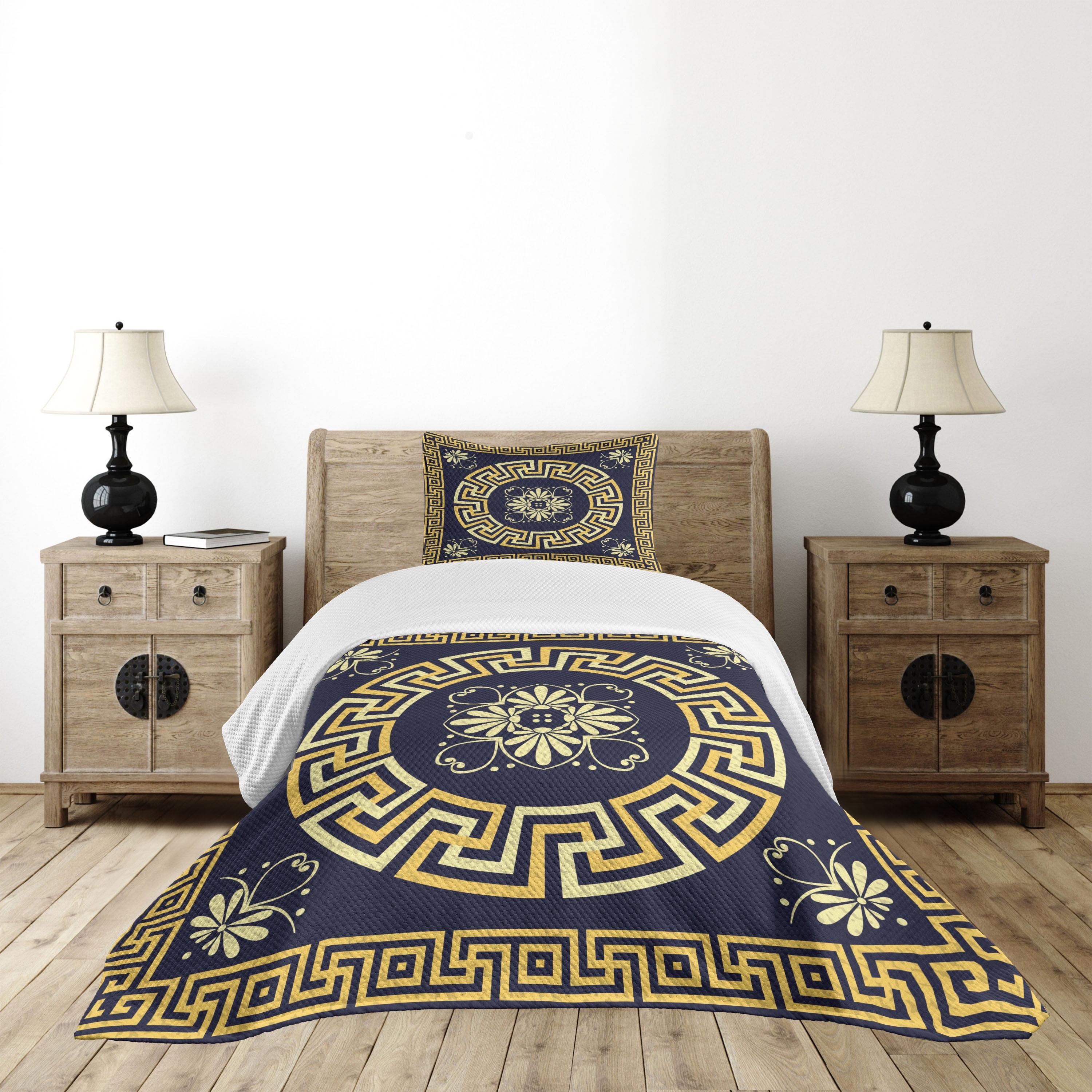 Ambesonne Ambesonne Floral Design Bedspread Set Retro Spring Meander Indigo Yellow