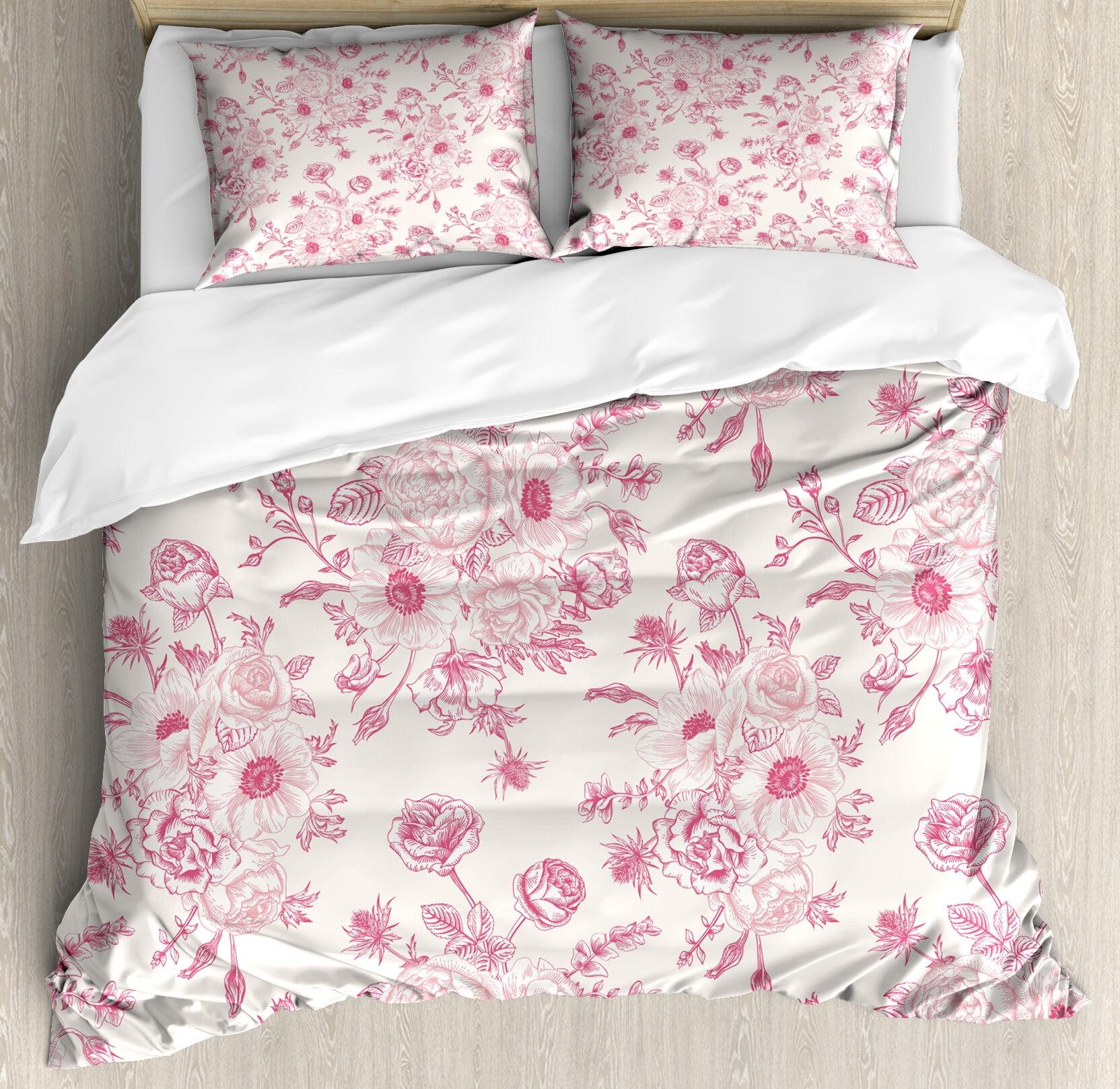 King Pale Pink Floral Cotton Duvet Cover Set with Pillow Shams