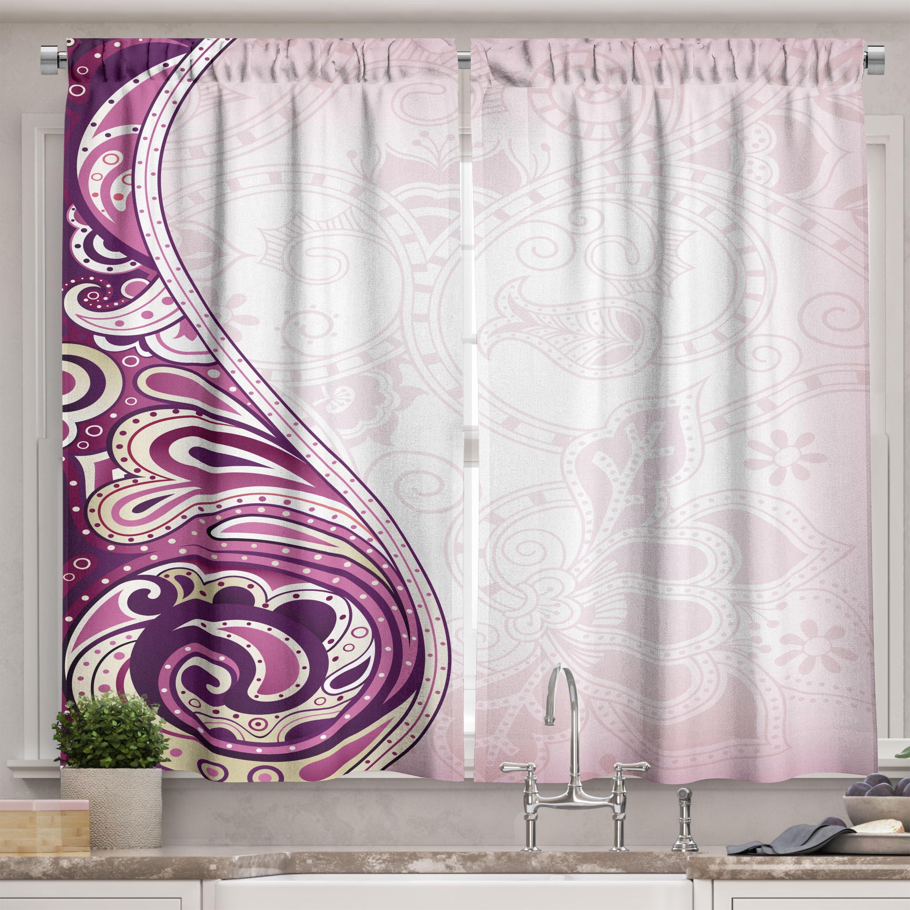 Paisley Pointed White and Purple Polyester Kitchen Curtains