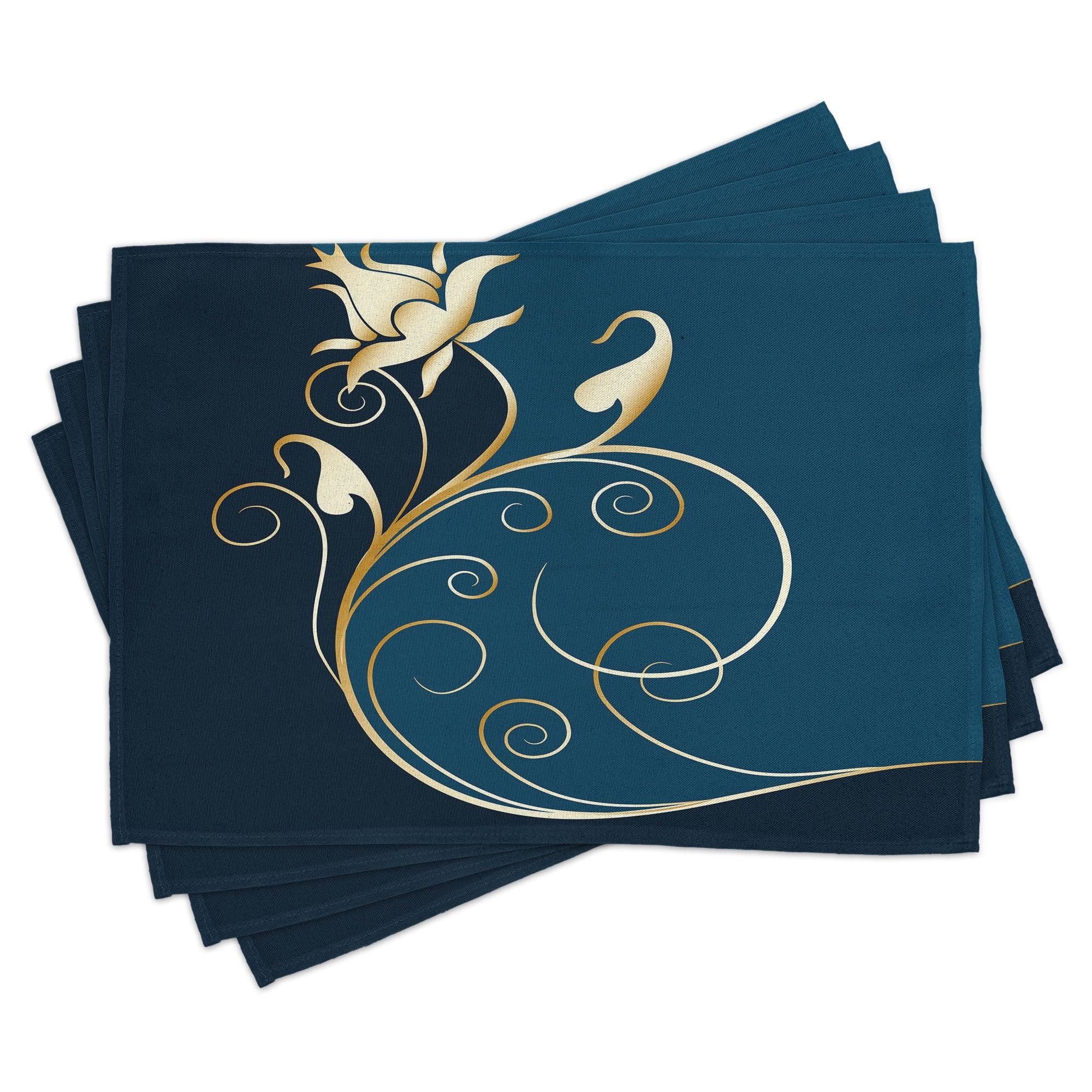 Ambesonne Floral Place Mats Set of 4, Swirled Flower Petals, Standard Size, Petrol Blue Dark Blue
