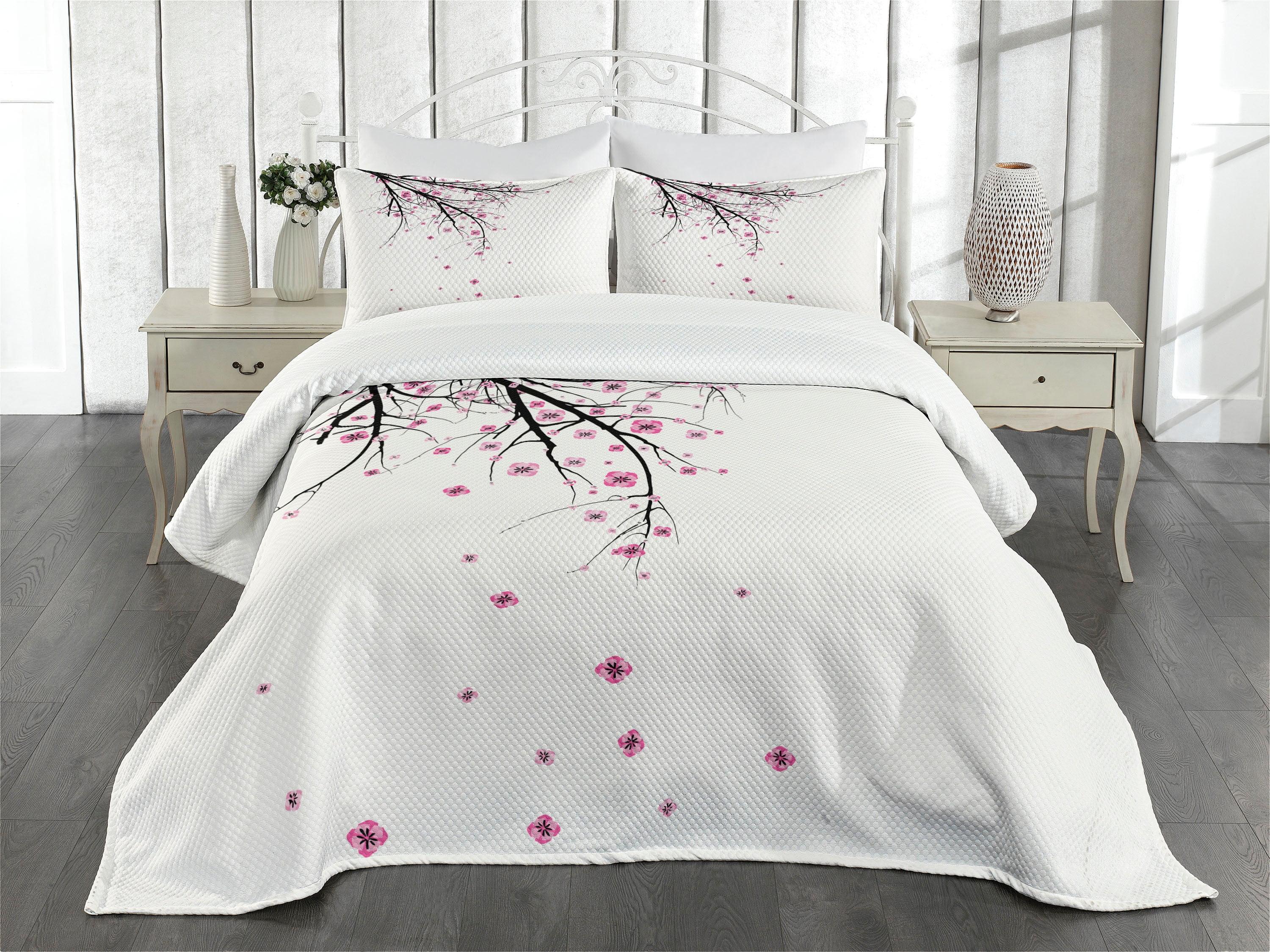 White Quilted Queen Bedspread Set with Cherry Blossom Design