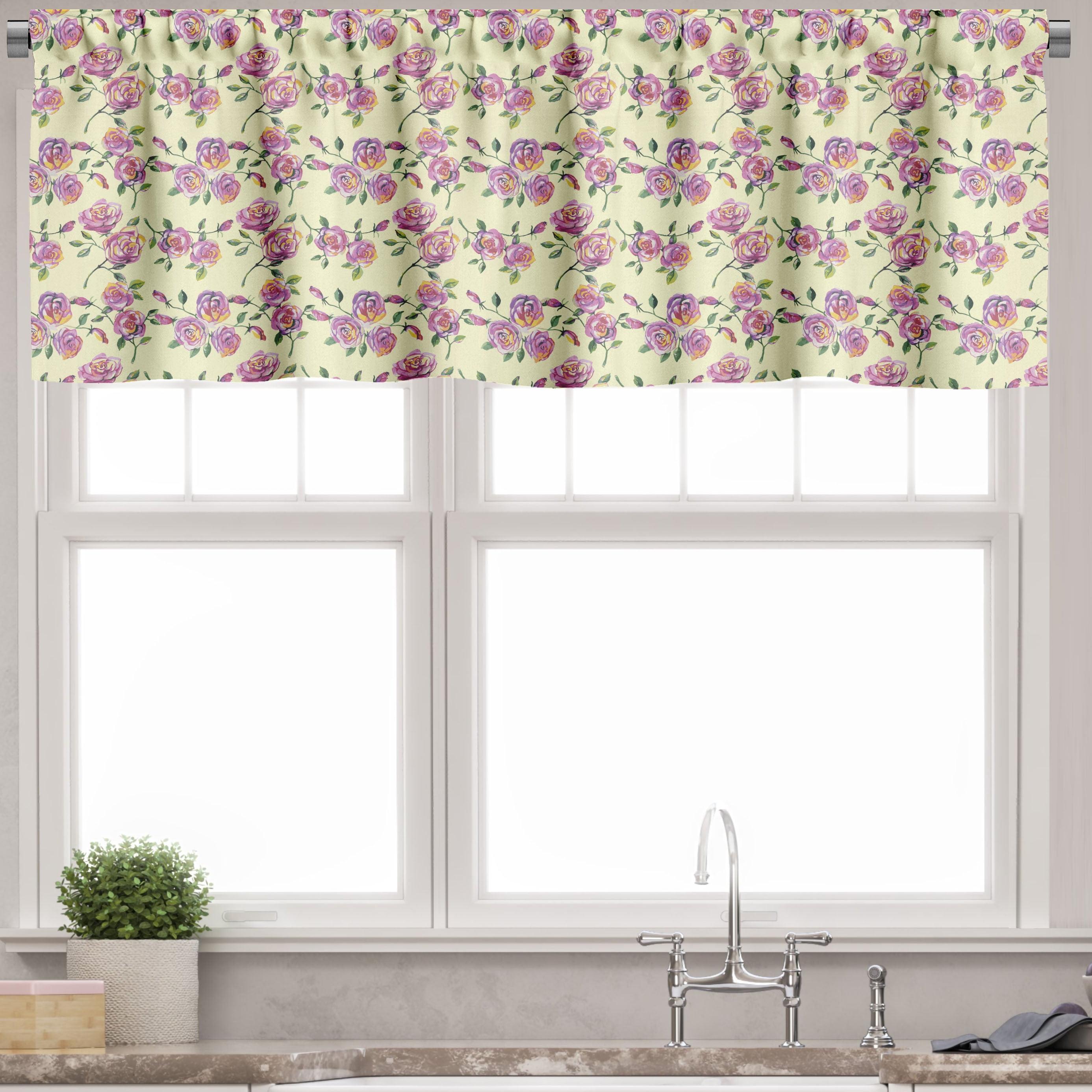 Yellow and Pale Fuchsia Floral Satin Rod Pocket Valance Set