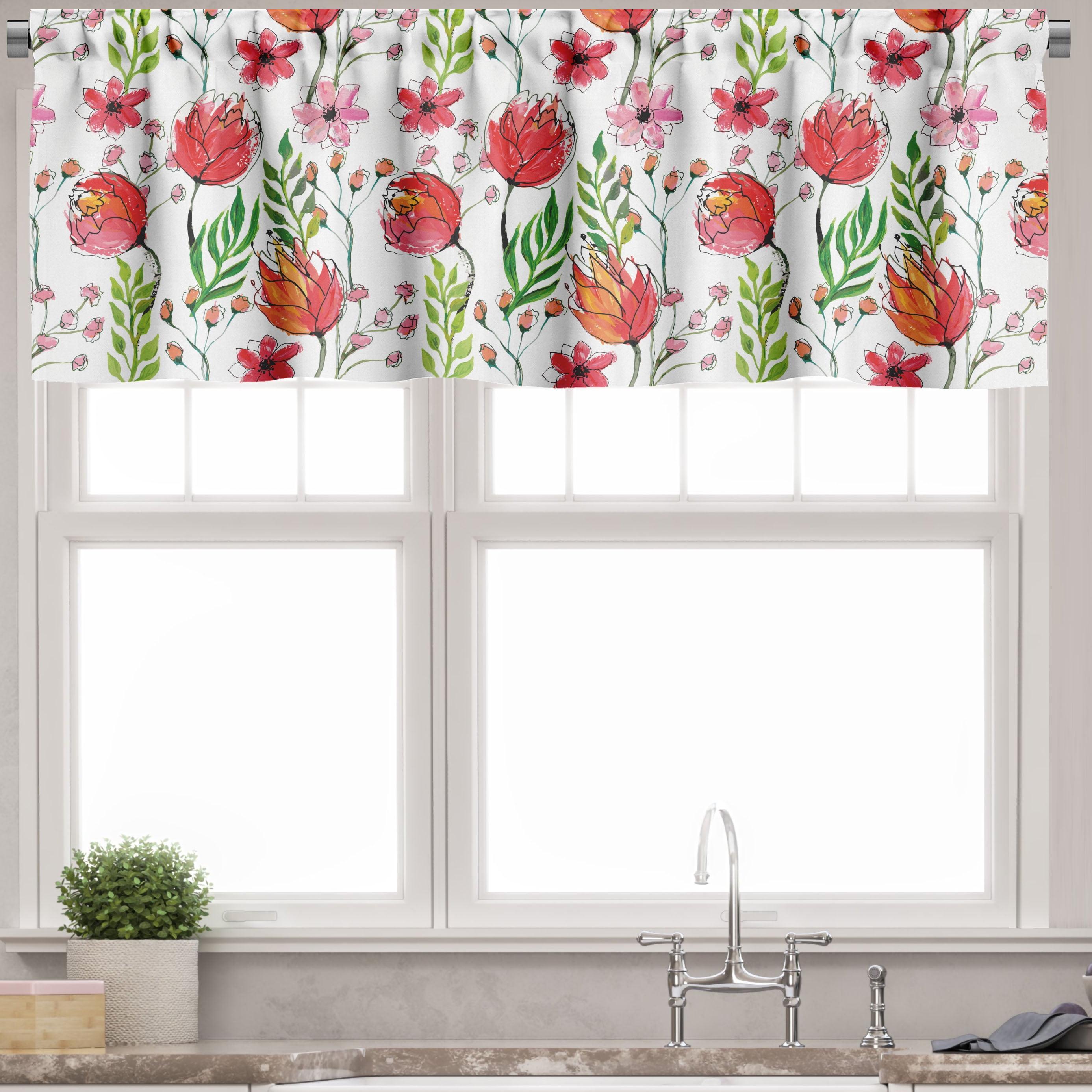 Pink and Green Floral Satin Rod Pocket Valance Set