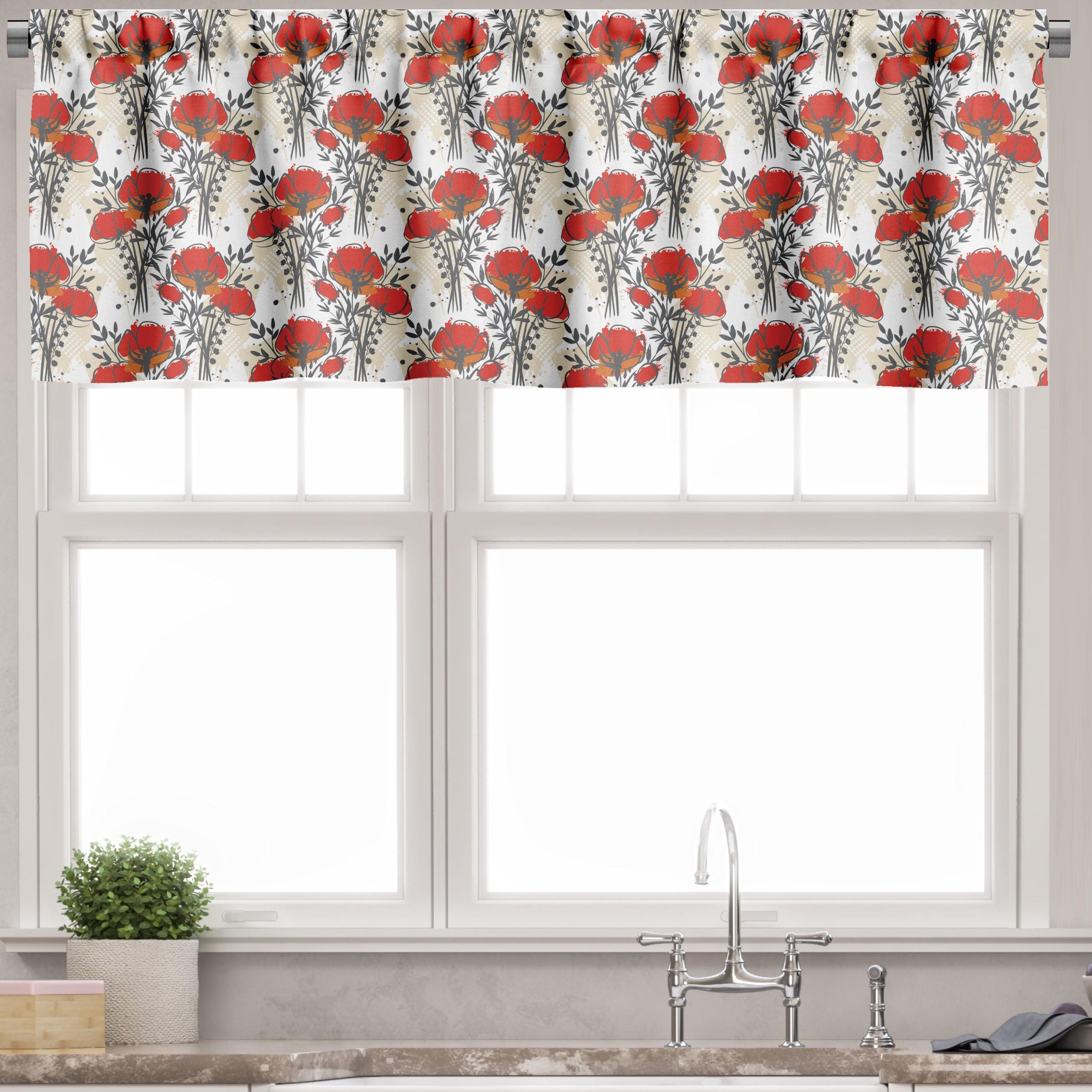 Vermillion and Dark Taupe Floral Satin Rod Pocket Valance