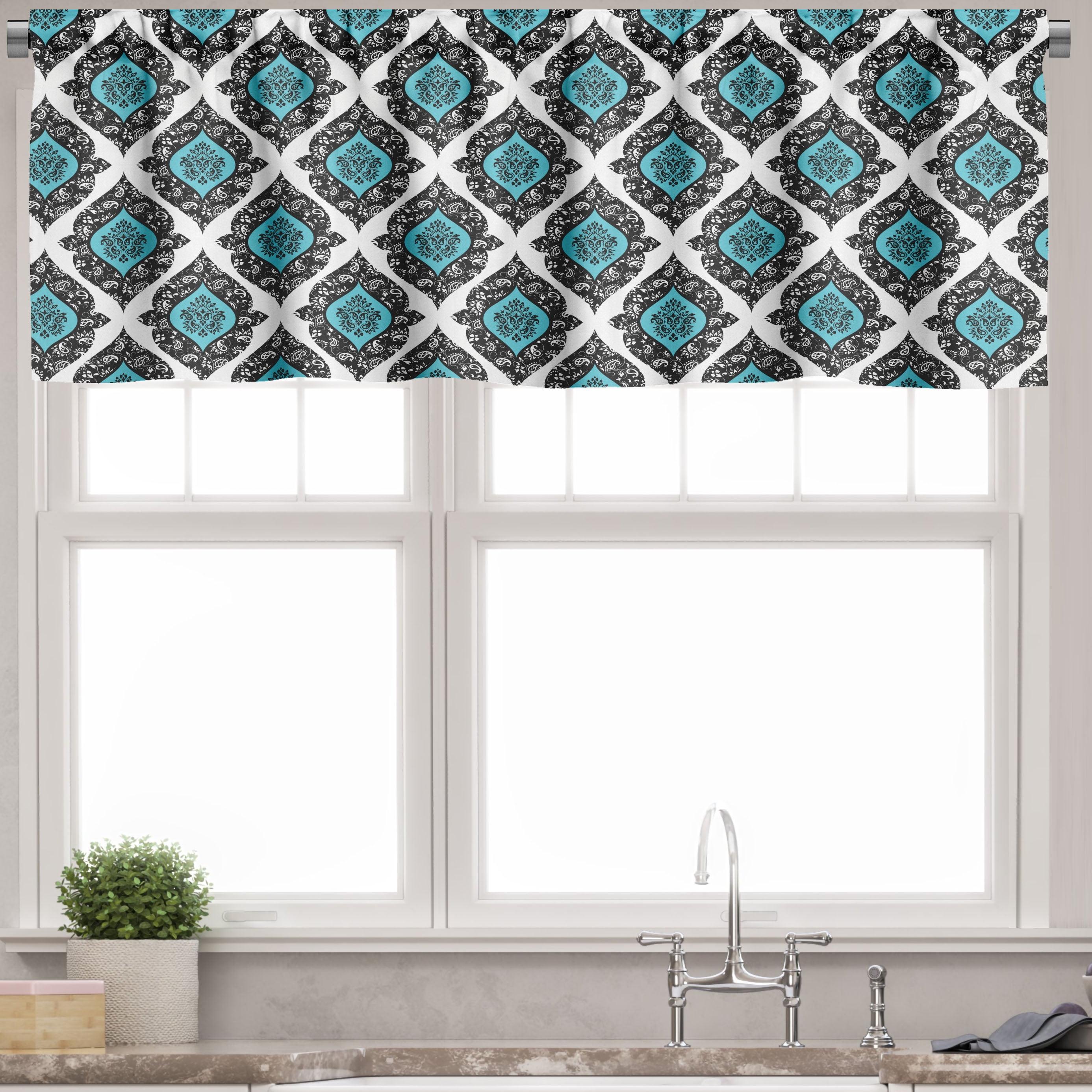 Black Aqua White Floral Satin Rod Pocket Valance Set