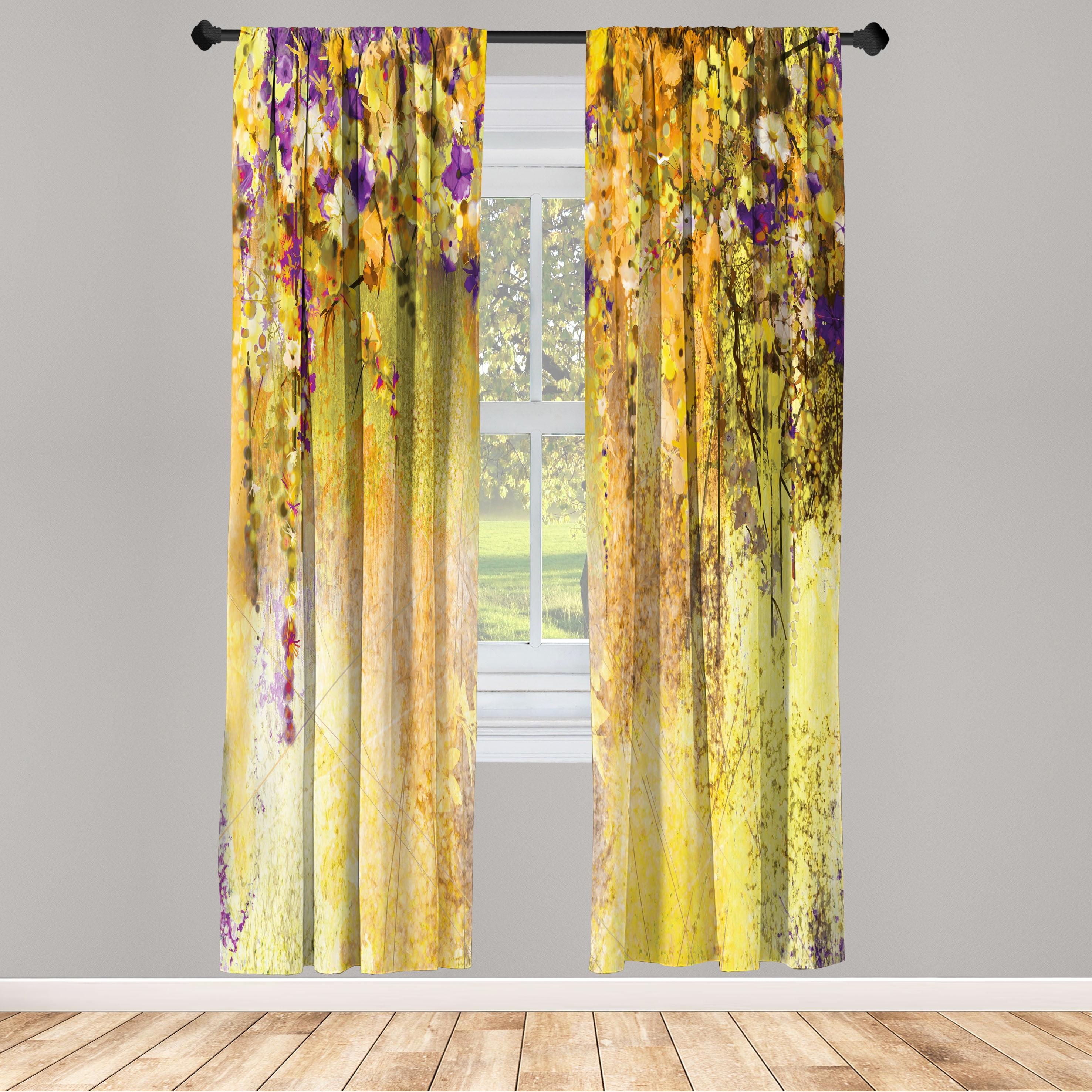 Yellow and Purple Floral Microfiber Rod Pocket Curtain Panels, 28" x 84"