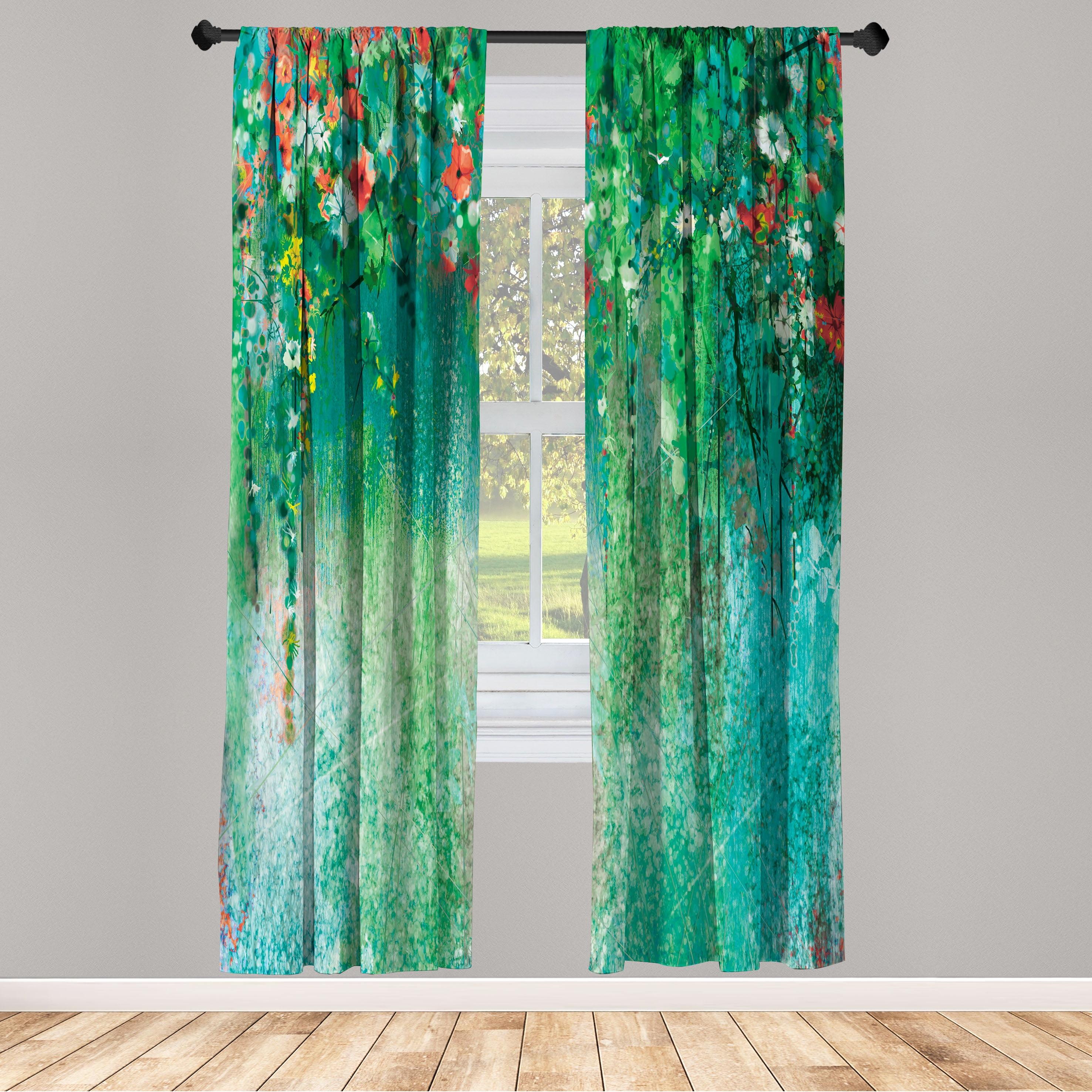 Seafoam Green and Blue Abstract Floral Rod Pocket Curtain Panels, 28" x 84"