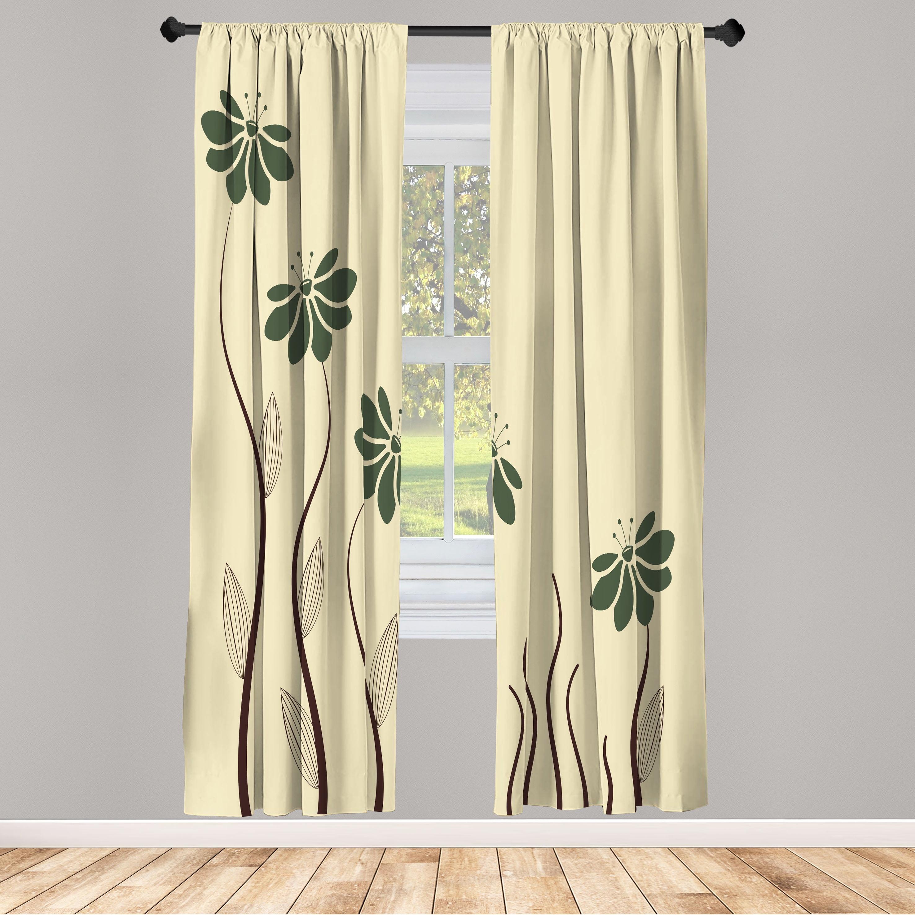 Ivory and Green Floral Light-Filtering Rod Pocket Curtain Panels, 28" x 63"