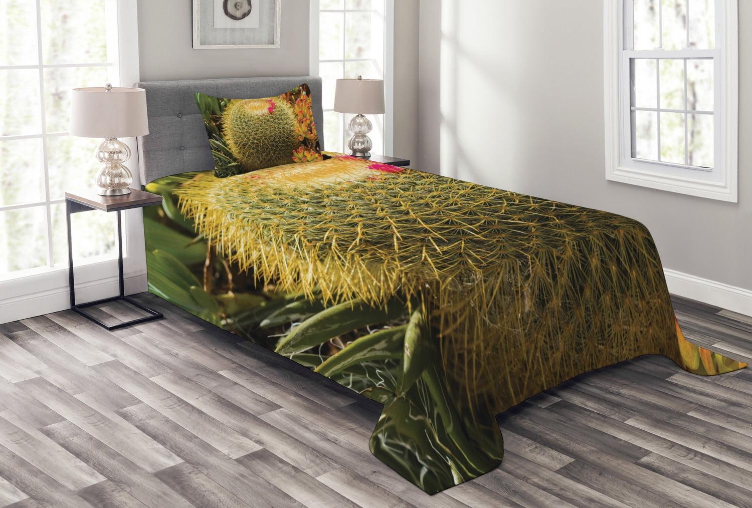Ambesonne Ambesonne Flower Bedspread Set Cactus Plant with Spikes Green and Pink