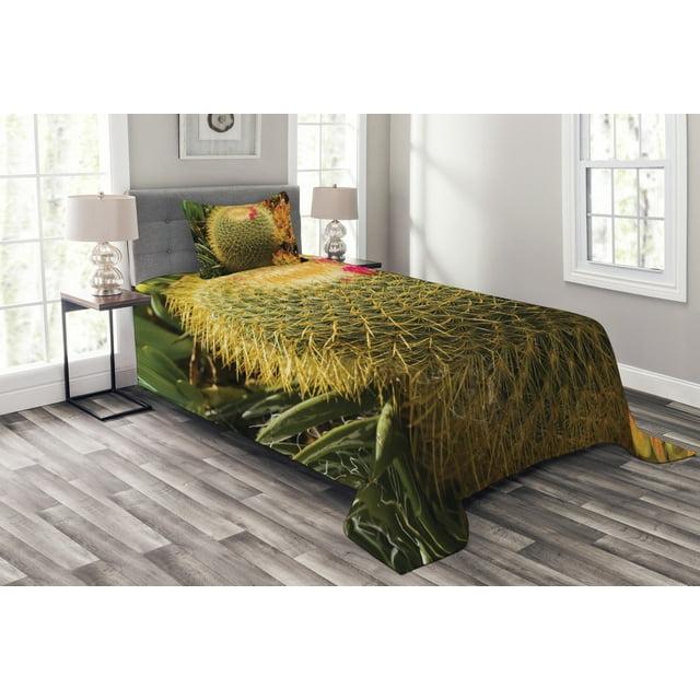 Ambesonne Ambesonne Flower Bedspread Set Cactus Plant with Spikes Green and Pink