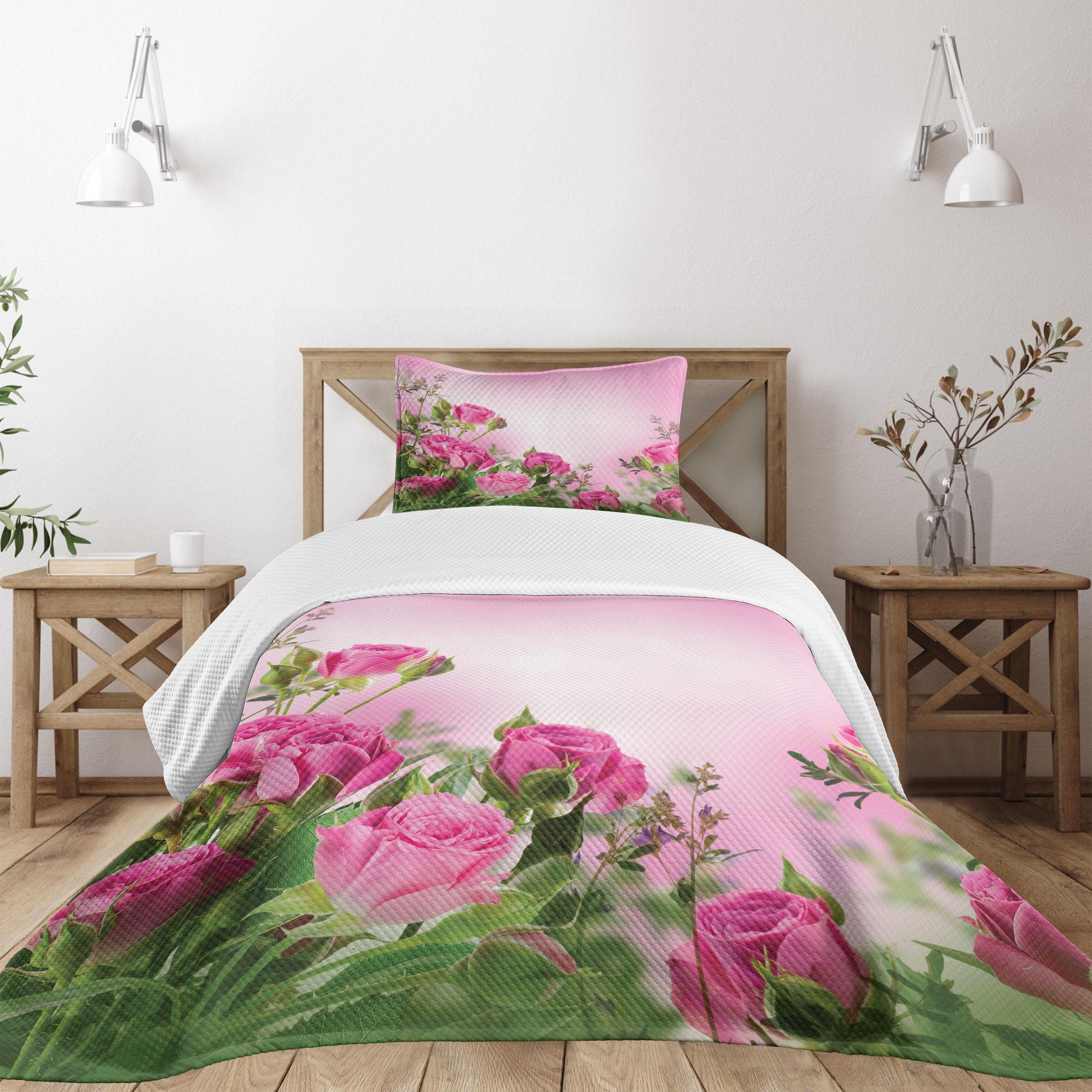 Pink and Green Floral Twin Quilted Bedspread Set