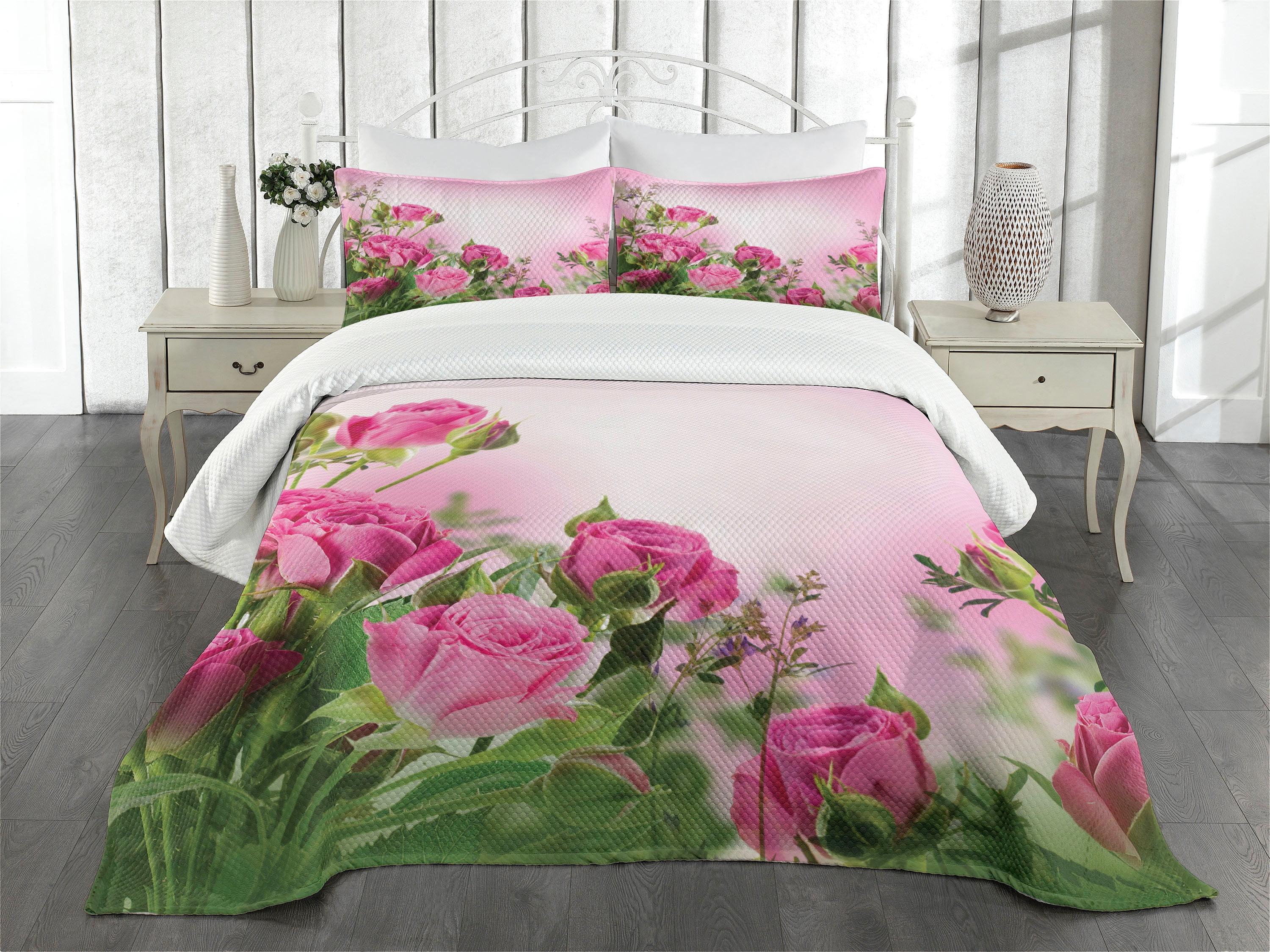 Ambesonne Flower Bedspread Set Spring Season Roses Buds Pink and Green