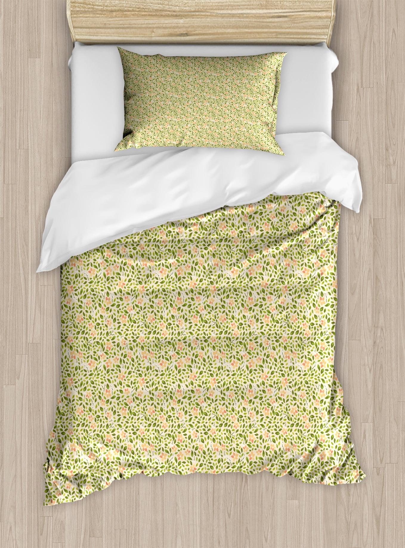 Twin Peach and Green Leaf Microfiber Duvet Cover Set