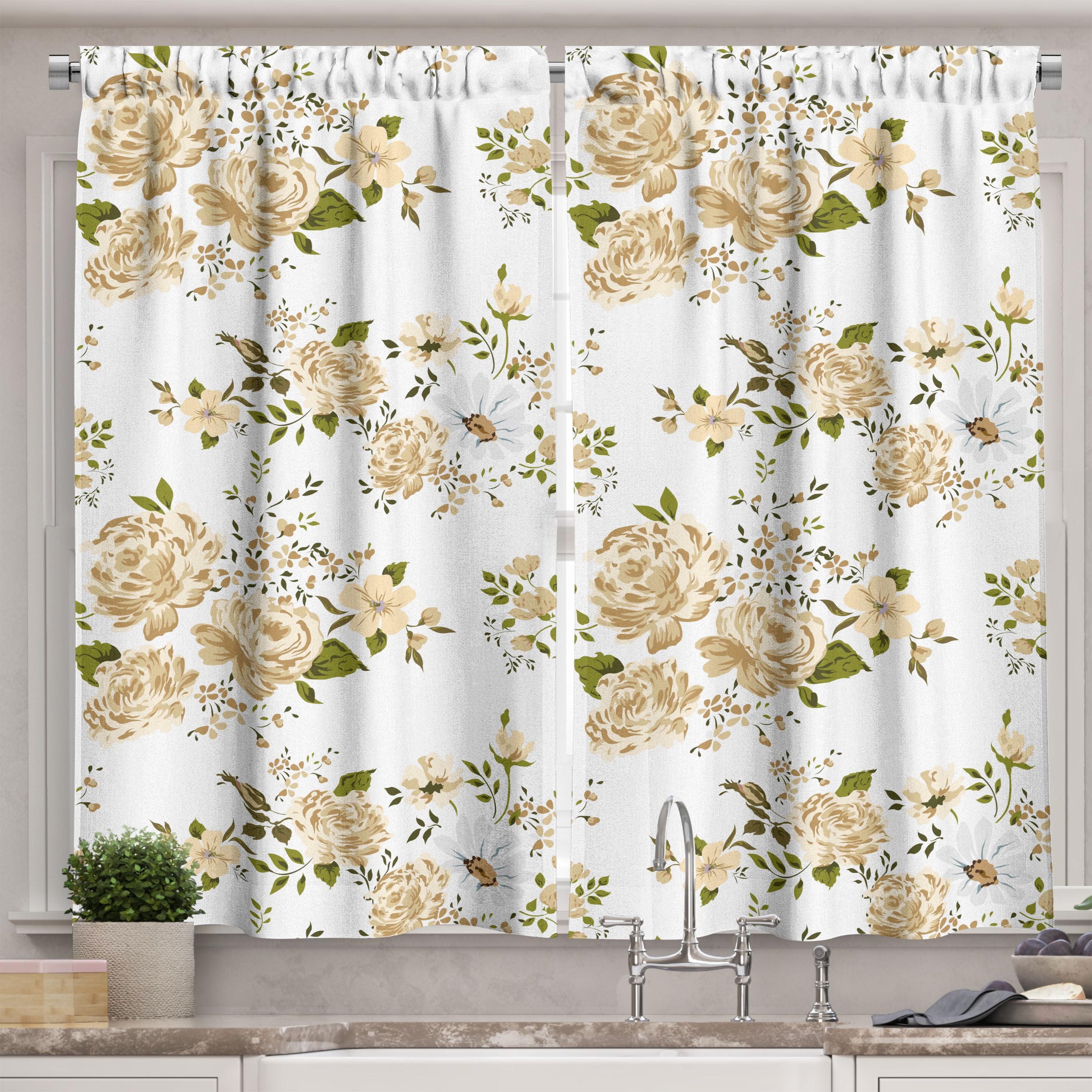 Light-Filtering White and Beige Floral Polyester Kitchen Tier Curtains