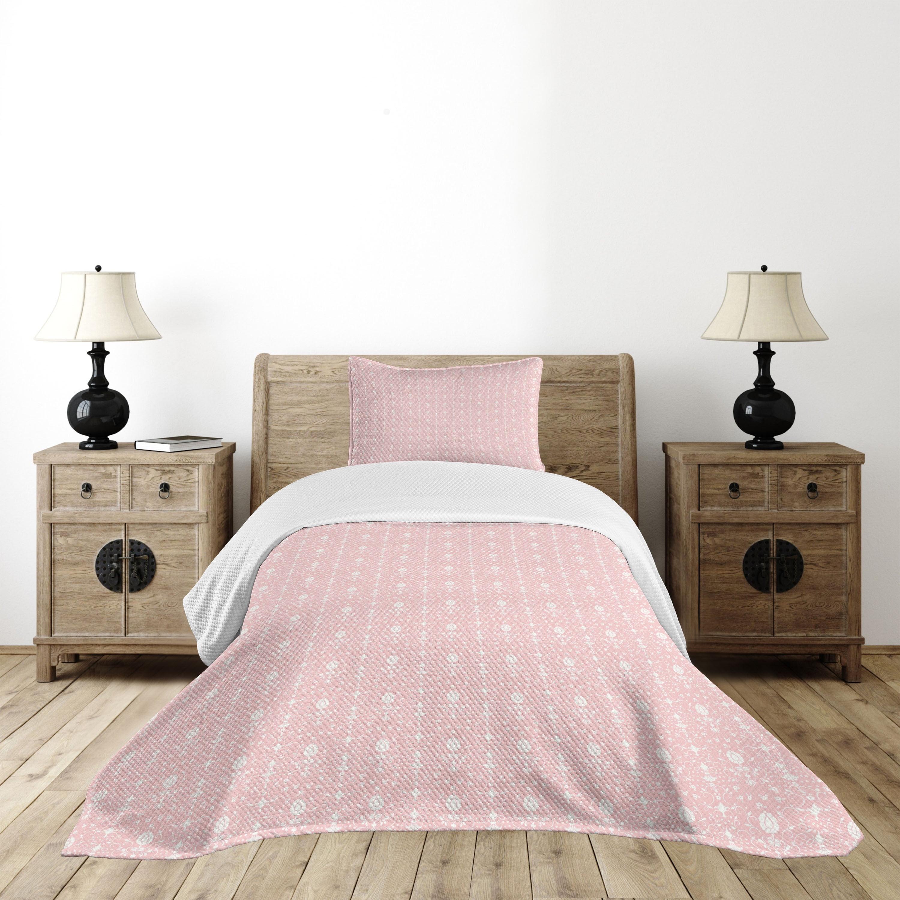 Ambesonne Flowers Bedspread Set Vintage Damask Home Pale Pink White