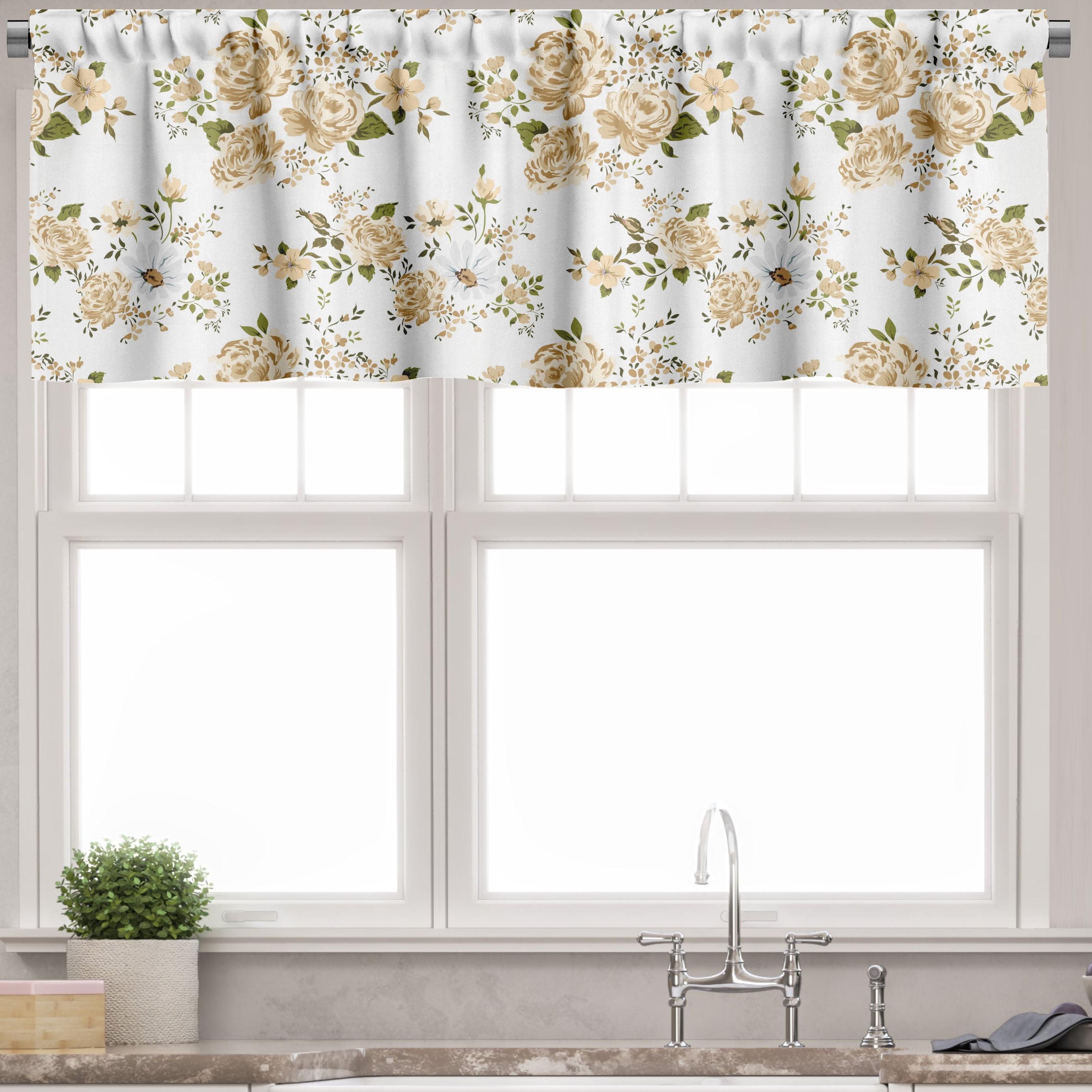 White and Beige Floral Satin Rod Pocket Valance, 42" x 12"