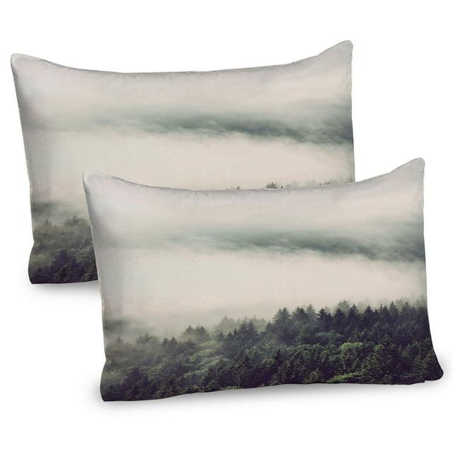 Ambesonne Fog Pillow Sham 2 Pack Evergreen Trees Mountain Slopes Dark Green