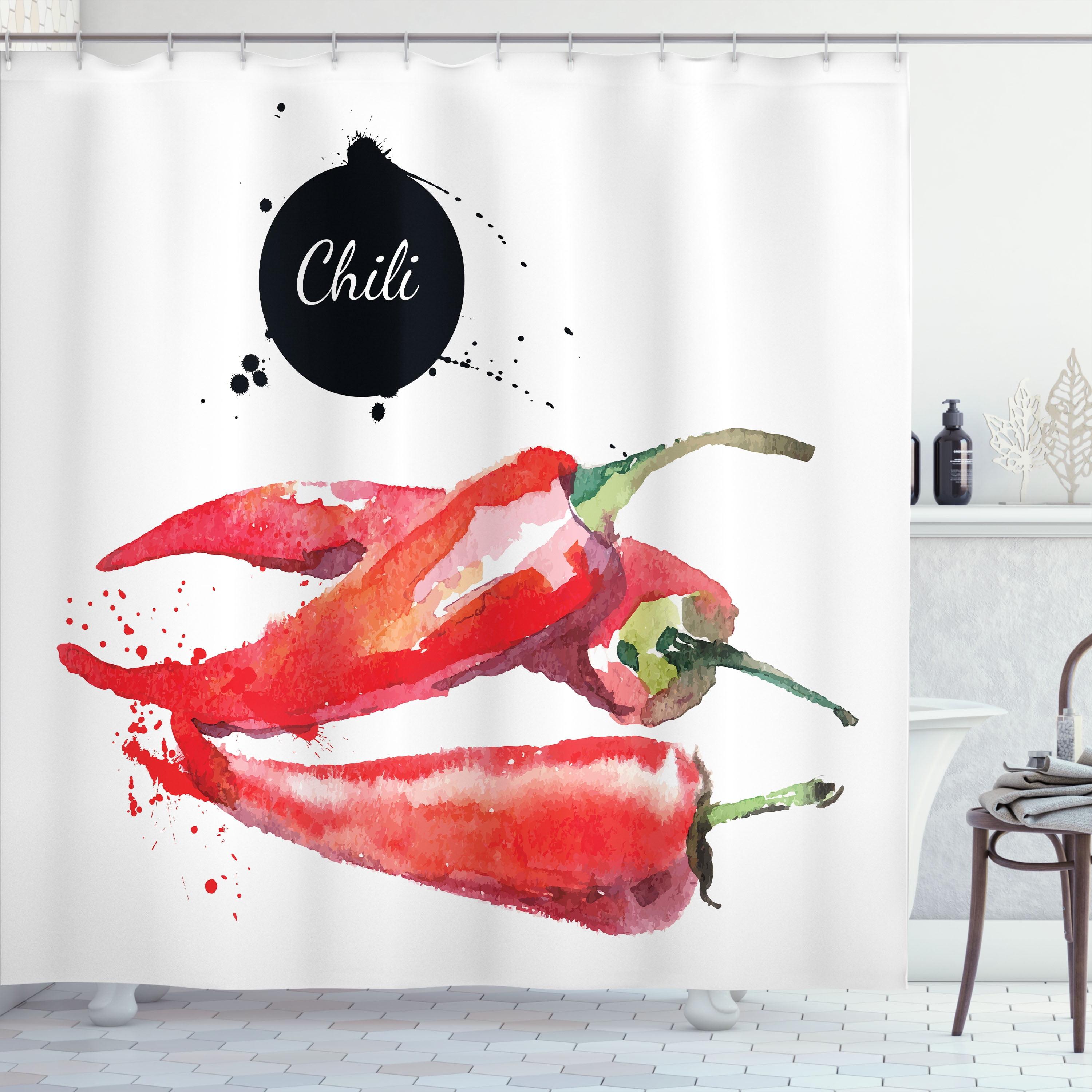 Chili Pepper Water-Resistant Fabric Shower Curtain with Hooks