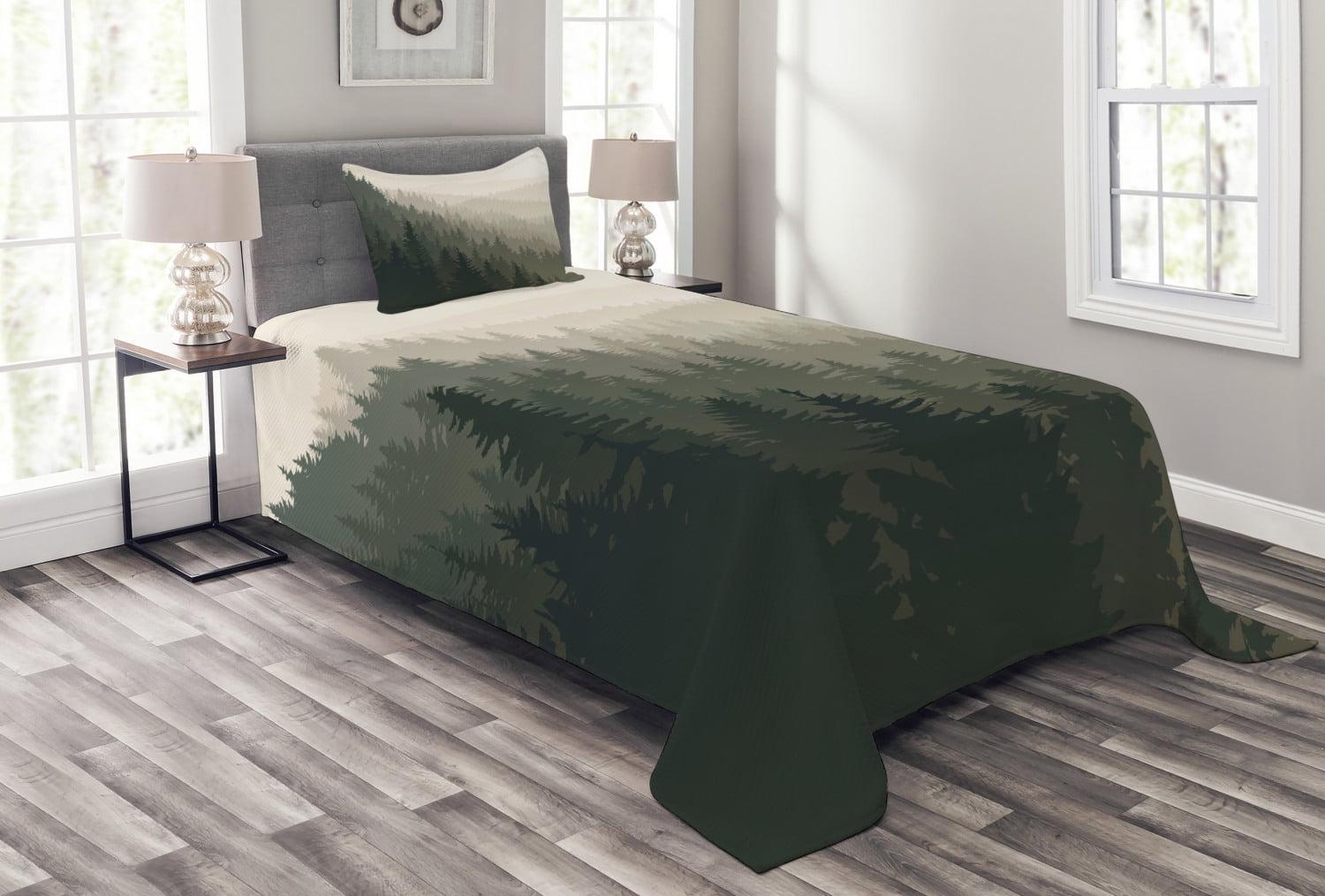 Ambesonne Ambesonne Forest Bedspread Set Scandinavian Nature Cream Tan Dark Green