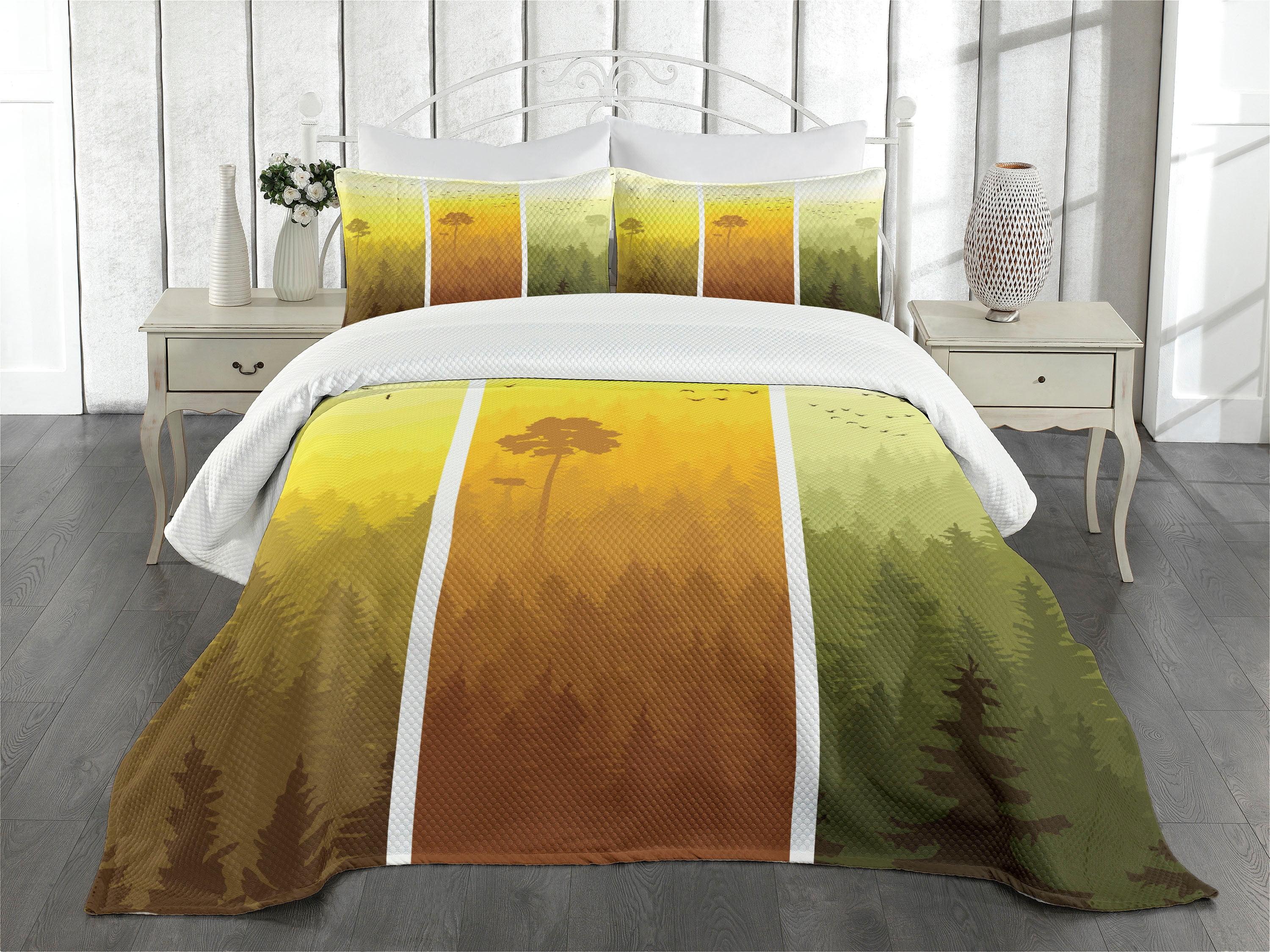Ambesonne Ambesonne Forest Bedspread Set Hills Trees and Birds Green Orange Yellow