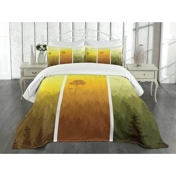 Ambesonne Ambesonne Forest Bedspread Set Hills Trees and Birds Green Orange Yellow