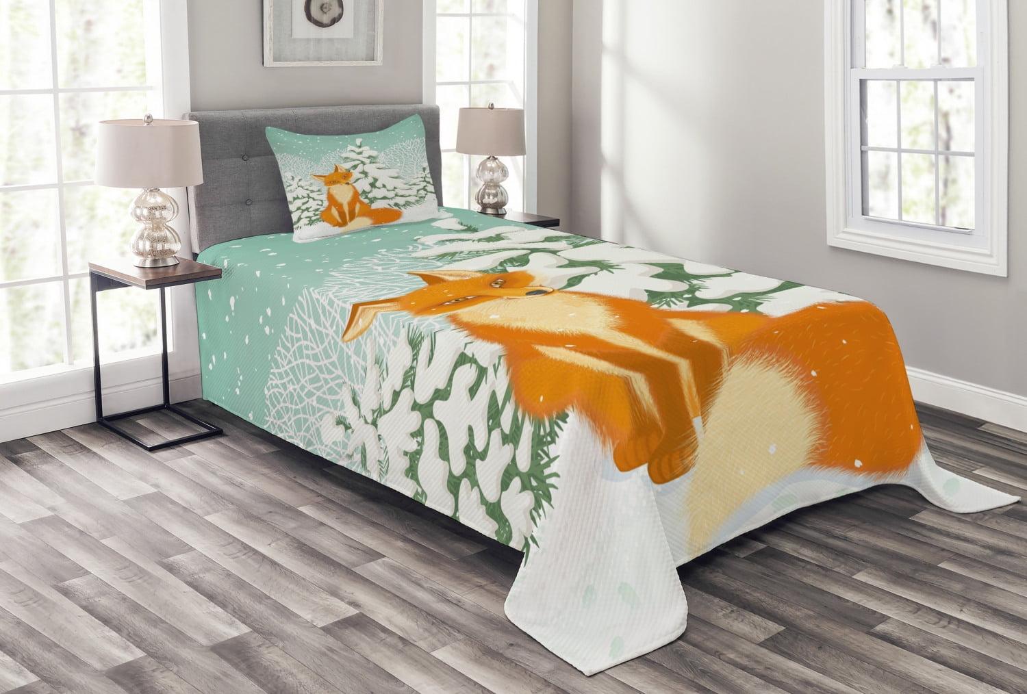 Ambesonne Ambesonne Fox Bedspread Set Red Fox Winter Forest Xmas Almond Green Orange