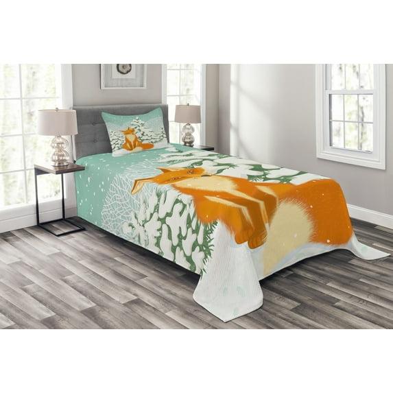 Ambesonne Ambesonne Fox Bedspread Set Red Fox Winter Forest Xmas Almond Green Orange