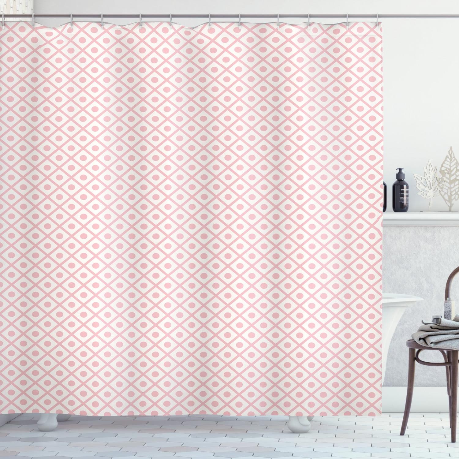 Pale Pink and White Geometric Fabric Shower Curtain with Hooks