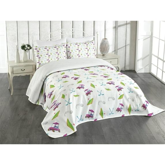 Ambesonne Ambesonne Golf Bedspread Set Clubs Carts Ball Flag on Grass Lime Green Purple