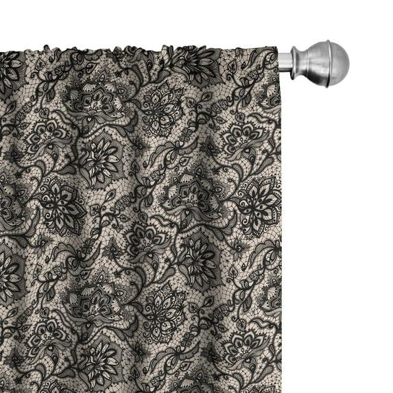 Ambesonne Ambesonne Gothic 2 Panel Curtain Set, Abstract Graphic Lace Pattern With Flowers Butterflies Old Fashioned Nature Inspired, Lightweight Window Treatment Living Room Bedroom Decor, 56" X 63", Tan Black (Set of 2)