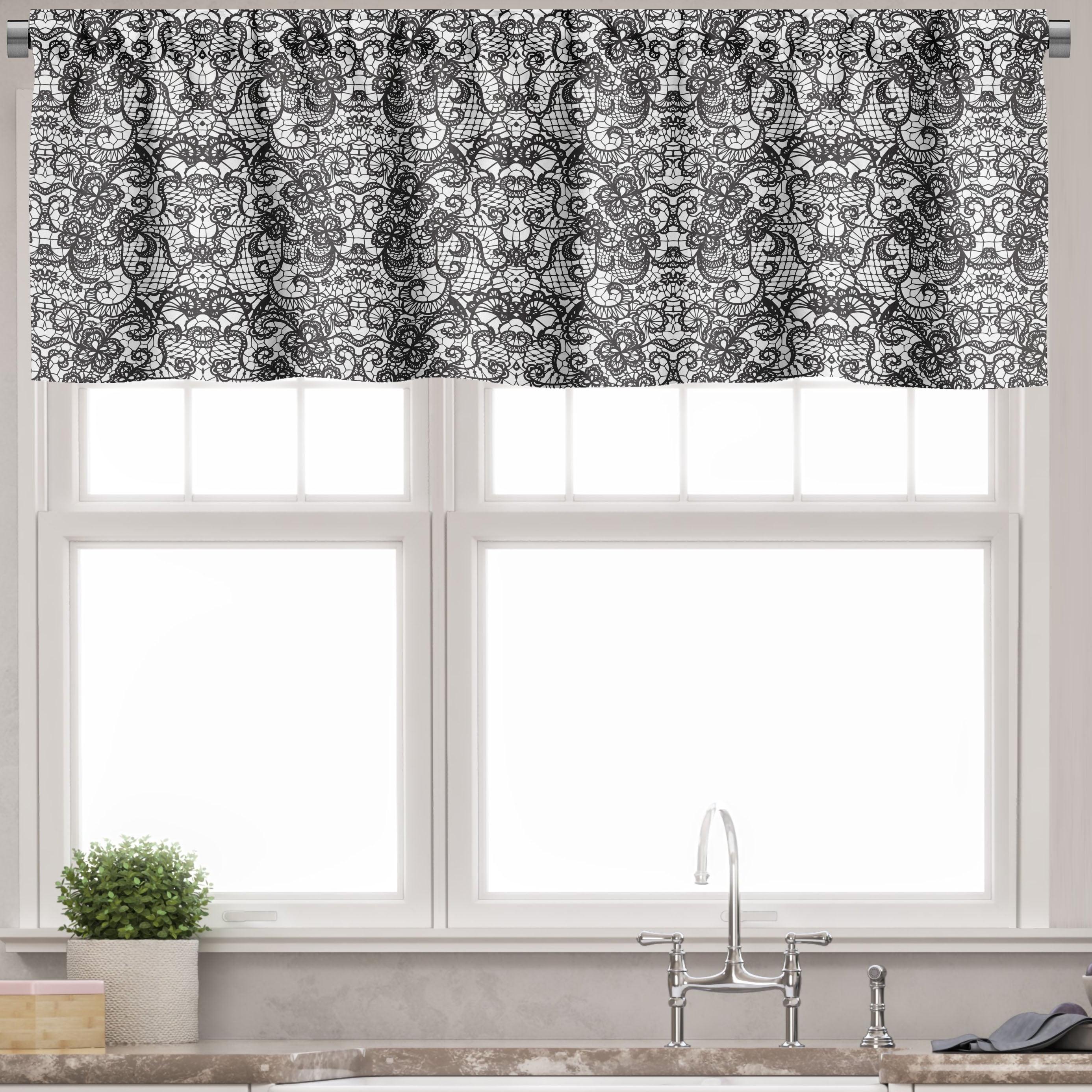 Black and White Floral Satin Rod Pocket Valance 54" x 12"