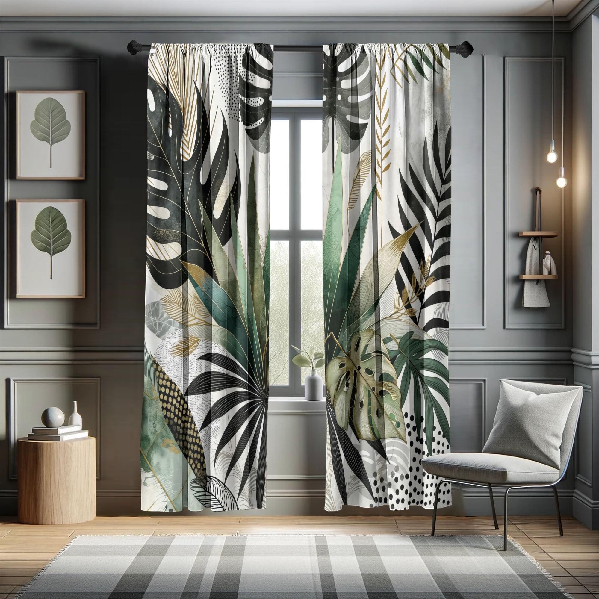 Gray and Green Tropical Leaf Print Room-Darkening Curtain Panels