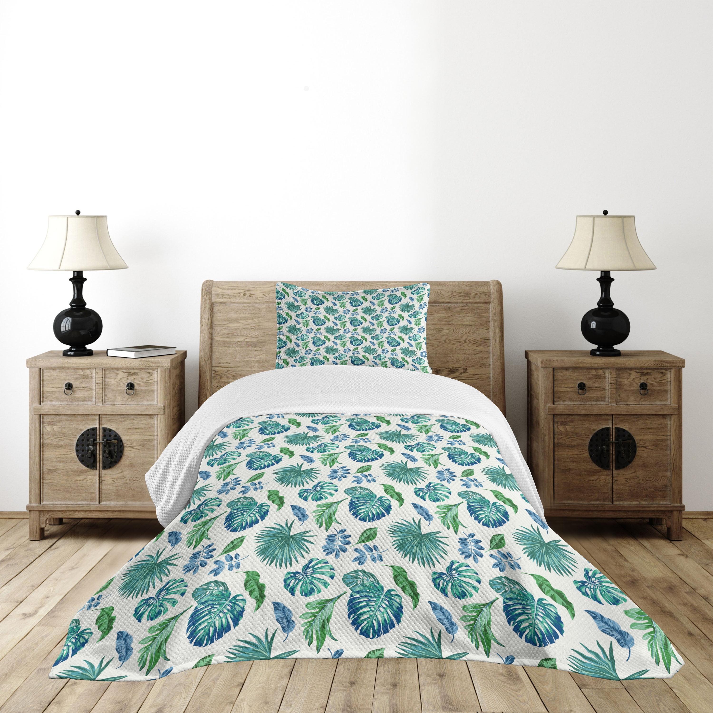 Navy and Green Leaf Twin Bedspread Set for Kids