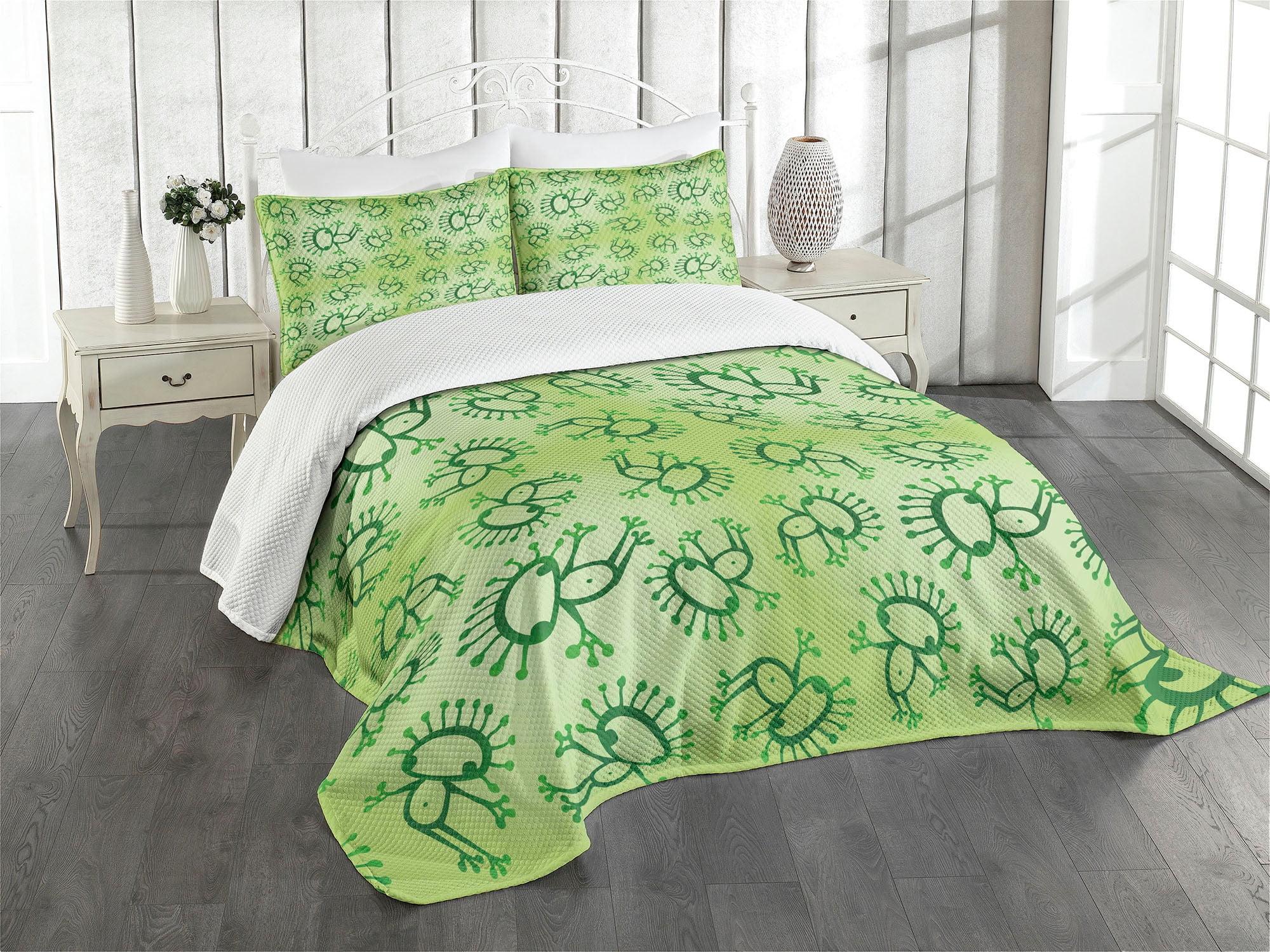 Ambesonne Ambesonne Green Bedspread Set Doodle Style Alien Frogs Green