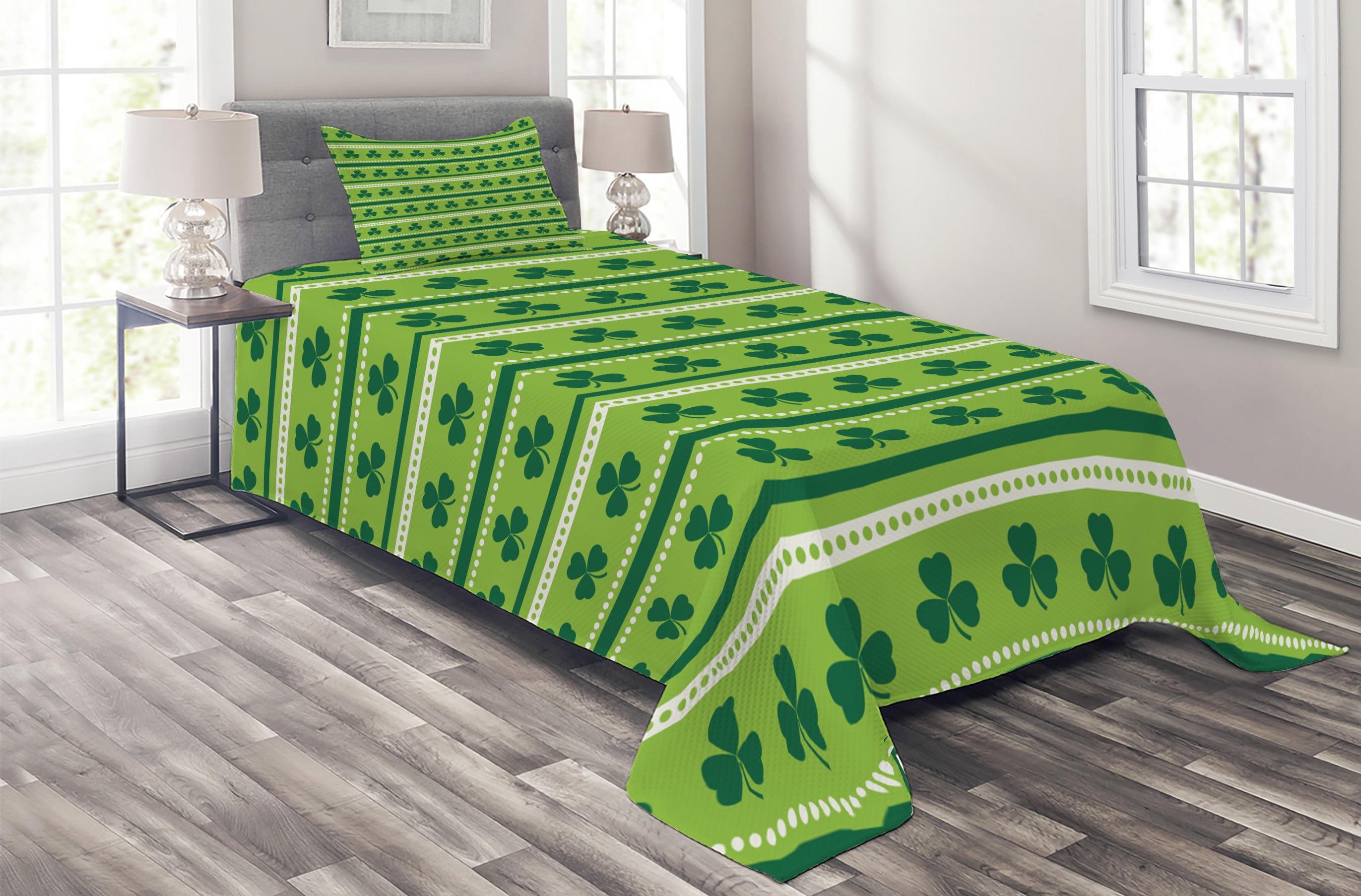 Ambesonne Green Bedspread Set Traditional Irish Clovers Lime Green Dark Green