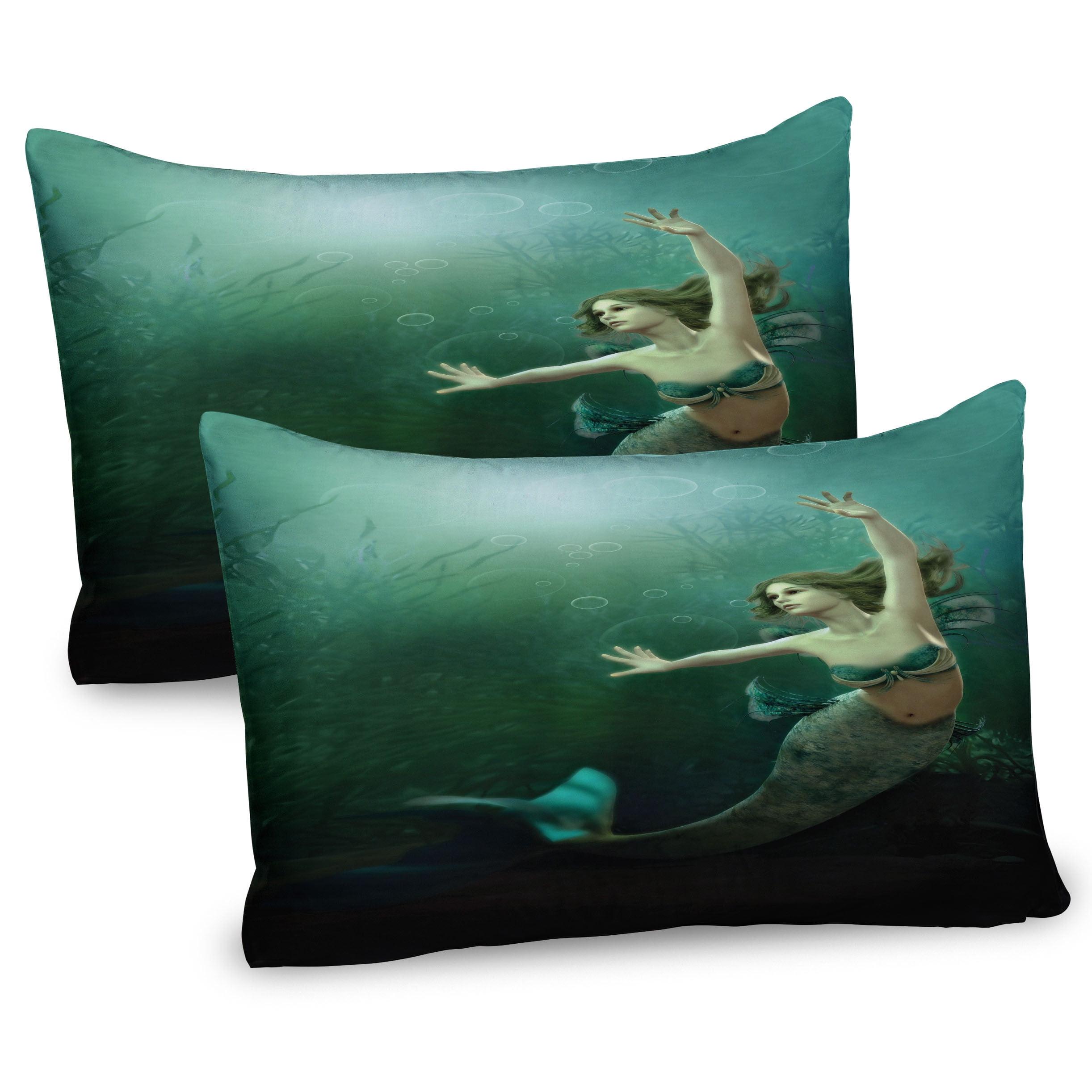 Jade Green Teal Ivory Mermaid Undersea Microfiber Pillow Sham Set