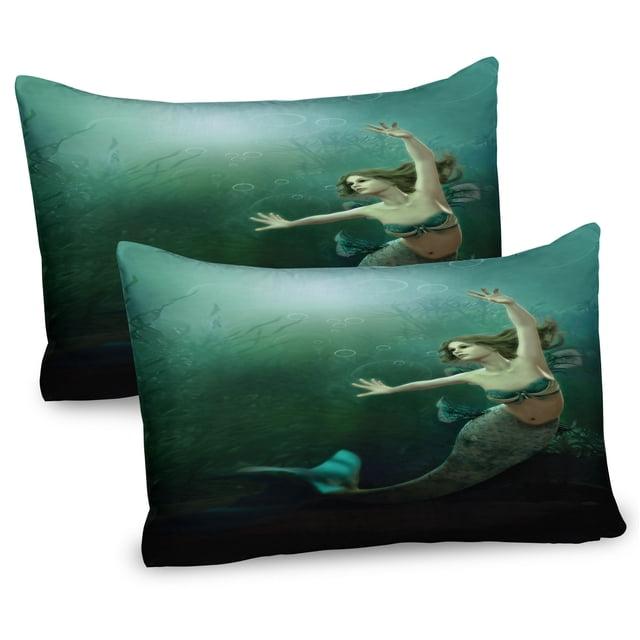 Ambesonne Ambesonne Green and Blue Pillow Sham 2 Pack Mermaid Undersea Jade Green Teal Ivory