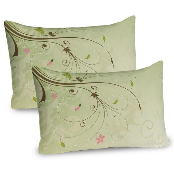 Ambesonne Green and Brown Pillow Sham 2 Pack Swirls Lines Petal Pale Green Brown Pink