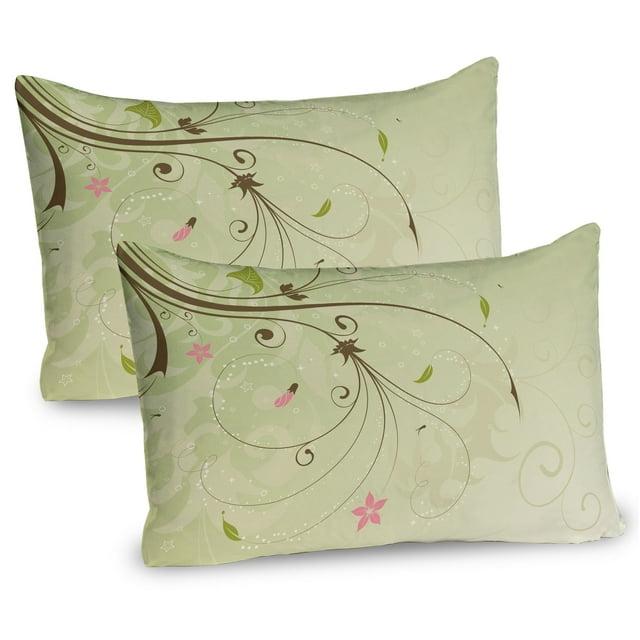 Ambesonne Green and Brown Pillow Sham 2 Pack Swirls Lines Petal Pale Green Brown Pink