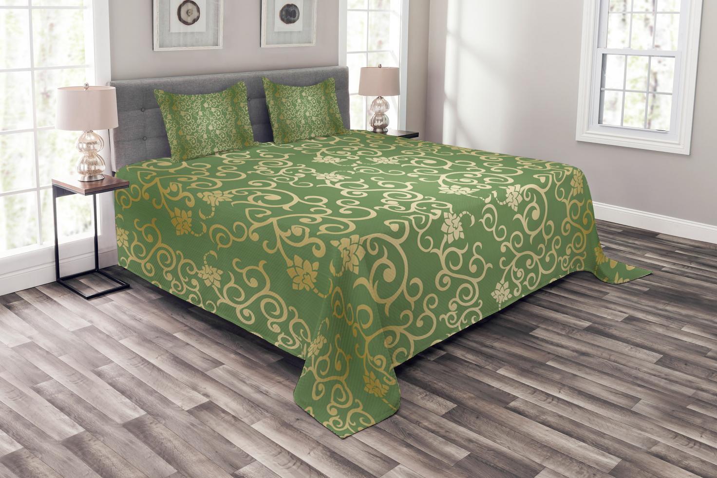 Ambesonne Green and Yellow Bedspread Set 3 Pcs Floral Curls Queen Green Yellow