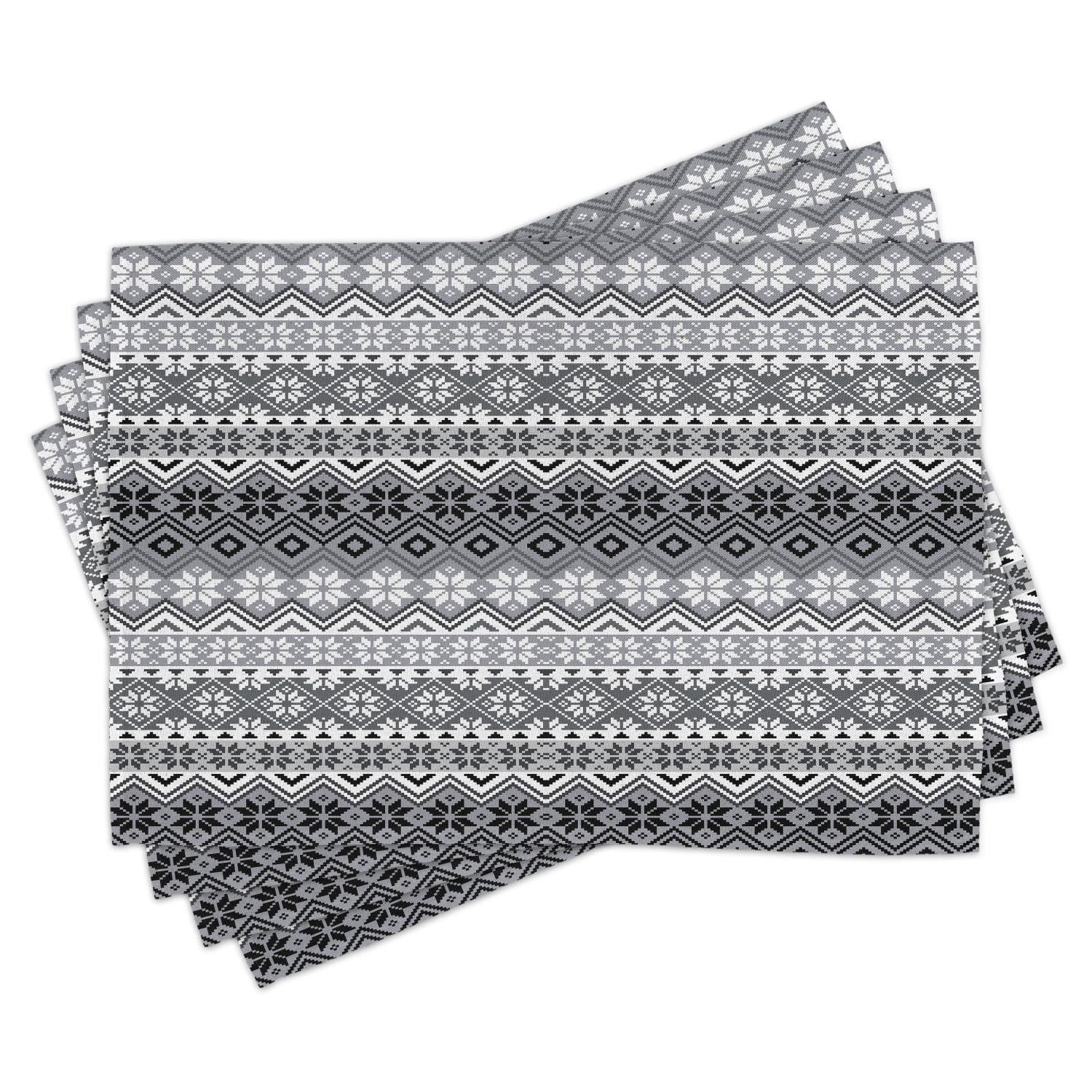 Gray and White Nordic Snowflake Pattern Fabric Placemats Set of 4