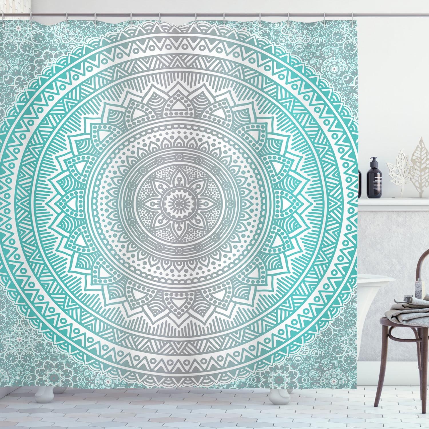 Aqua and Gray Mandala Fabric Shower Curtain with Hooks